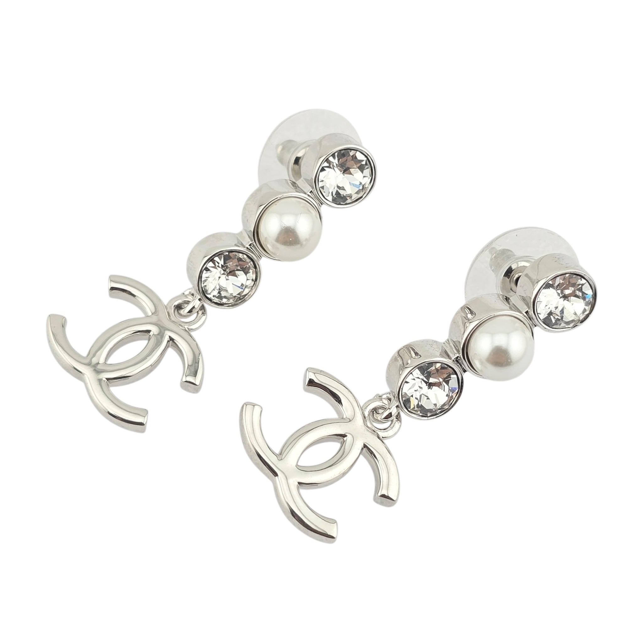 Chanel CC Silver Crystal Pearl Earrings 2025 CHANEL