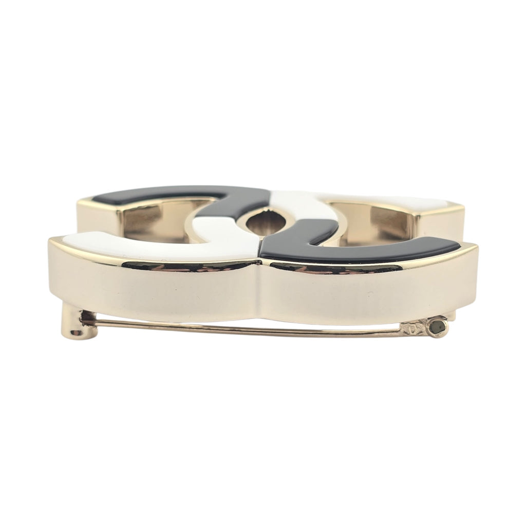Chanel CC White Black Resin Gold Brooch 2023 CHANEL