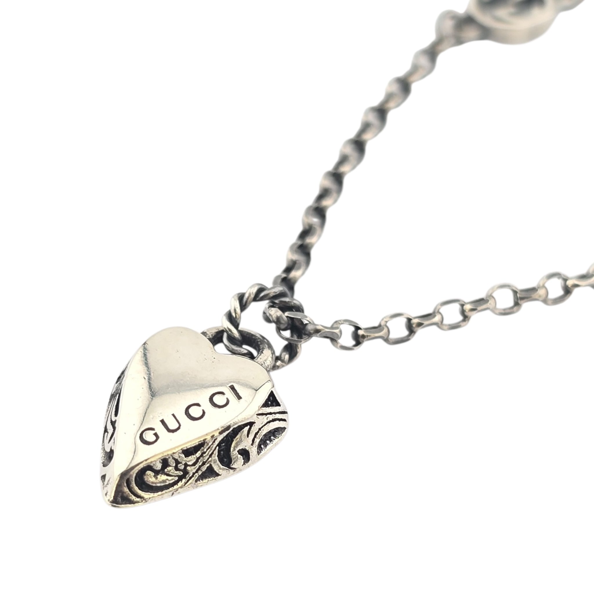 GUCCI GG Engraved Heart Charm Sterling Silver Necklace GUCCI