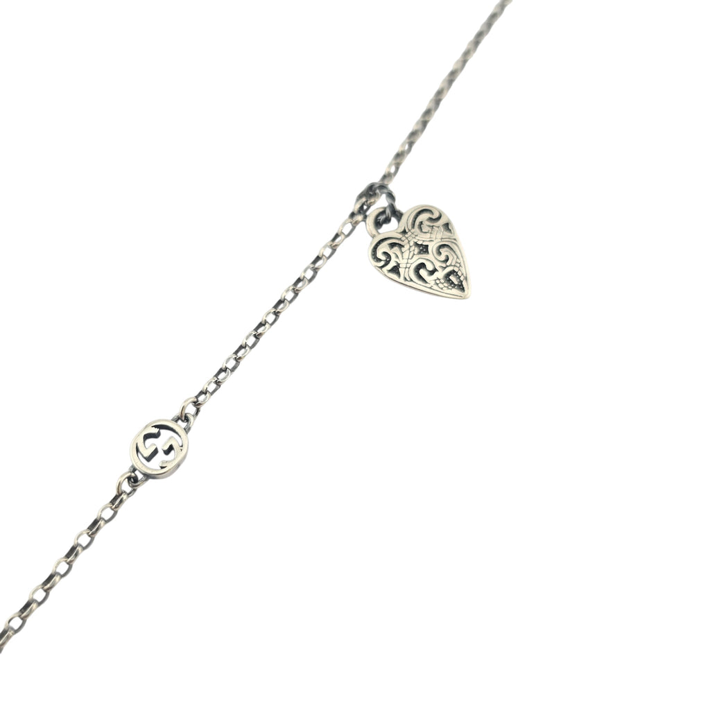 GUCCI GG Engraved Heart Charm Sterling Silver Bracelet GUCCI