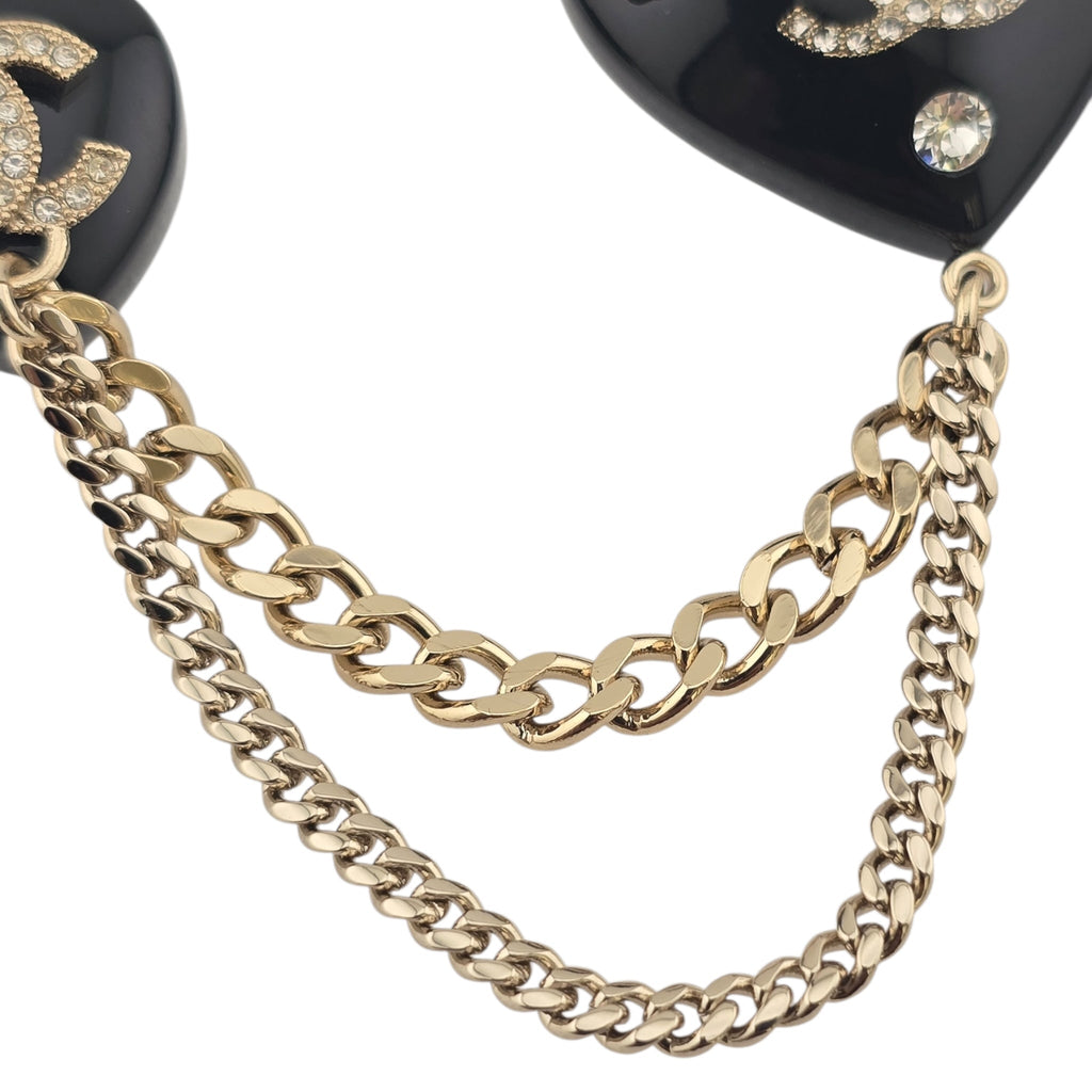 Chanel CC Black Resin Heart Chain Brooch CHANEL