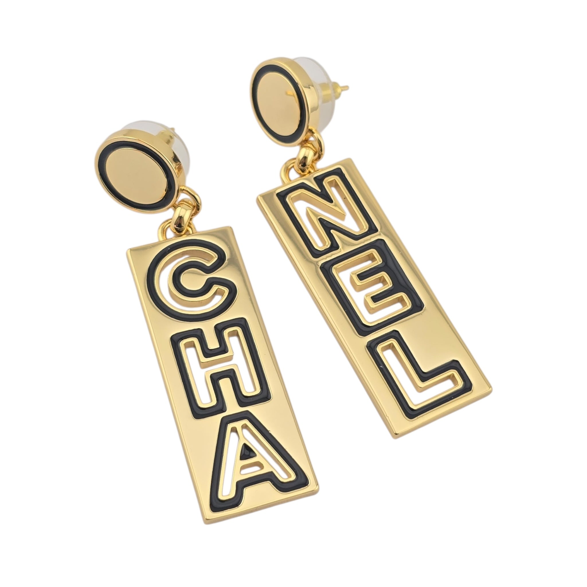 Chanel Metal Enamel Cha-Nel Logo Drop Earrings CHANEL