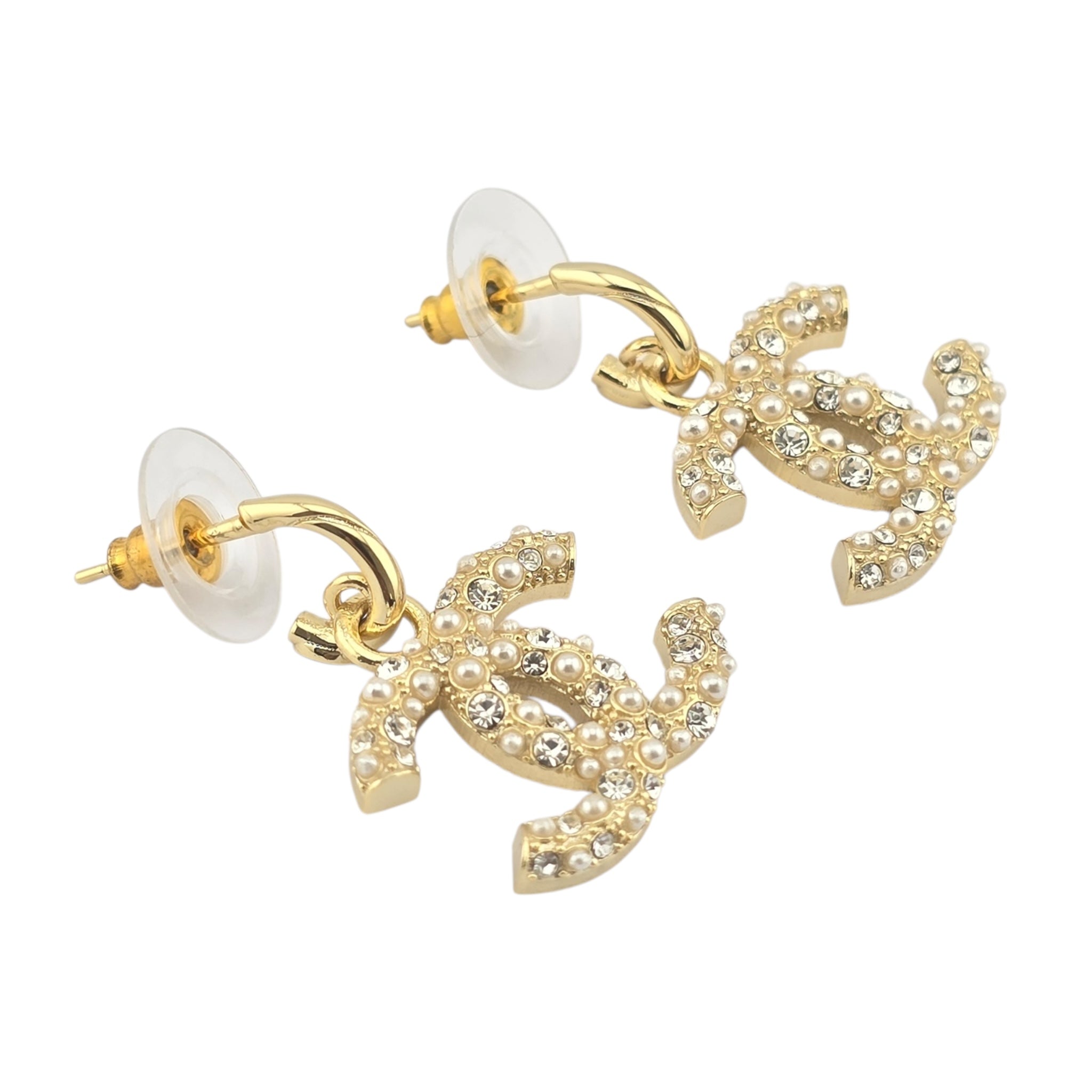 Chanel CC Gold Drop Crystal Faux Pearl Earrings 2022 CHANEL