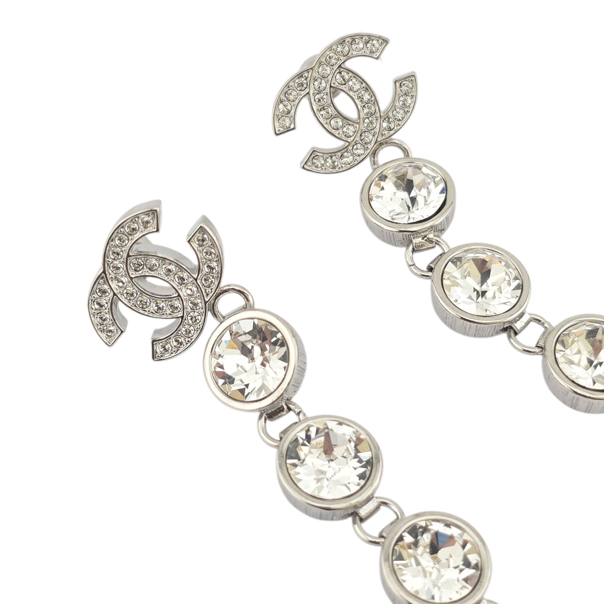 Chanel CC Crystal Long Drop Silver Earrings 23SS CHANEL