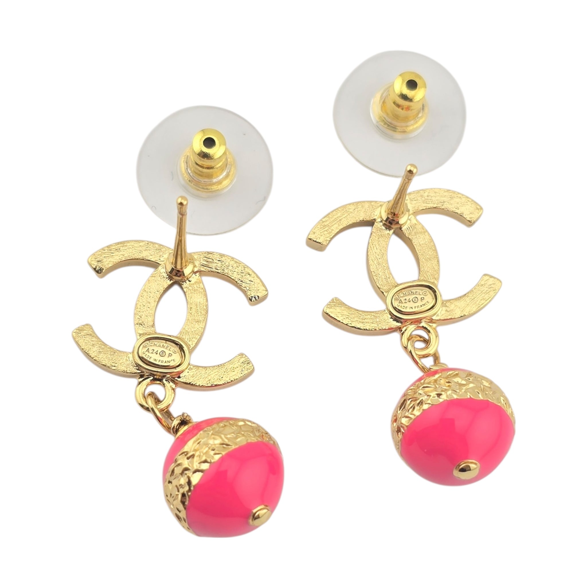 Chanel CC Resin Drop Pink Gold Earrings 2024 CHANEL