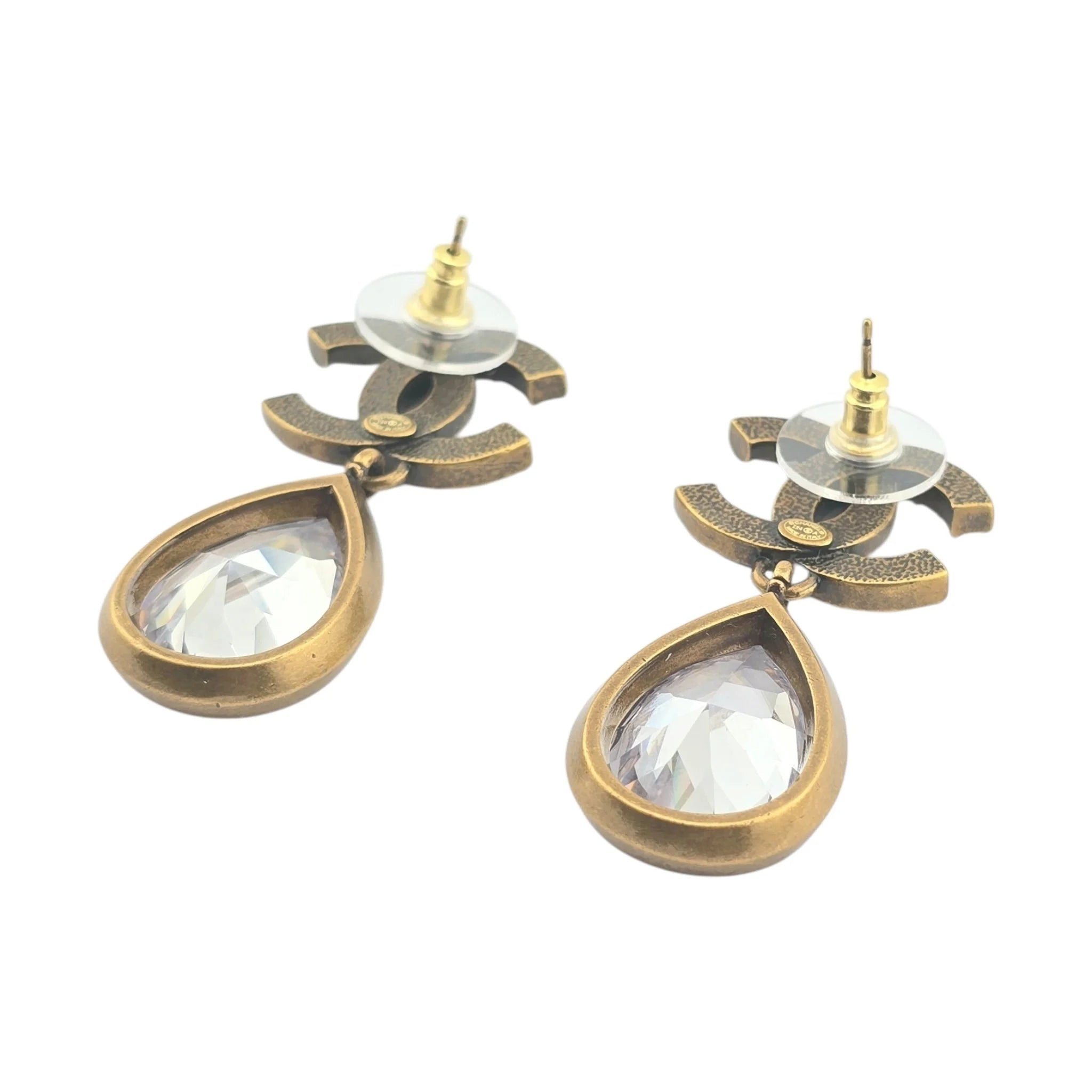 Chanel CC Tear Drop Crystal Dangle Gold Earrings 2024 CHANEL