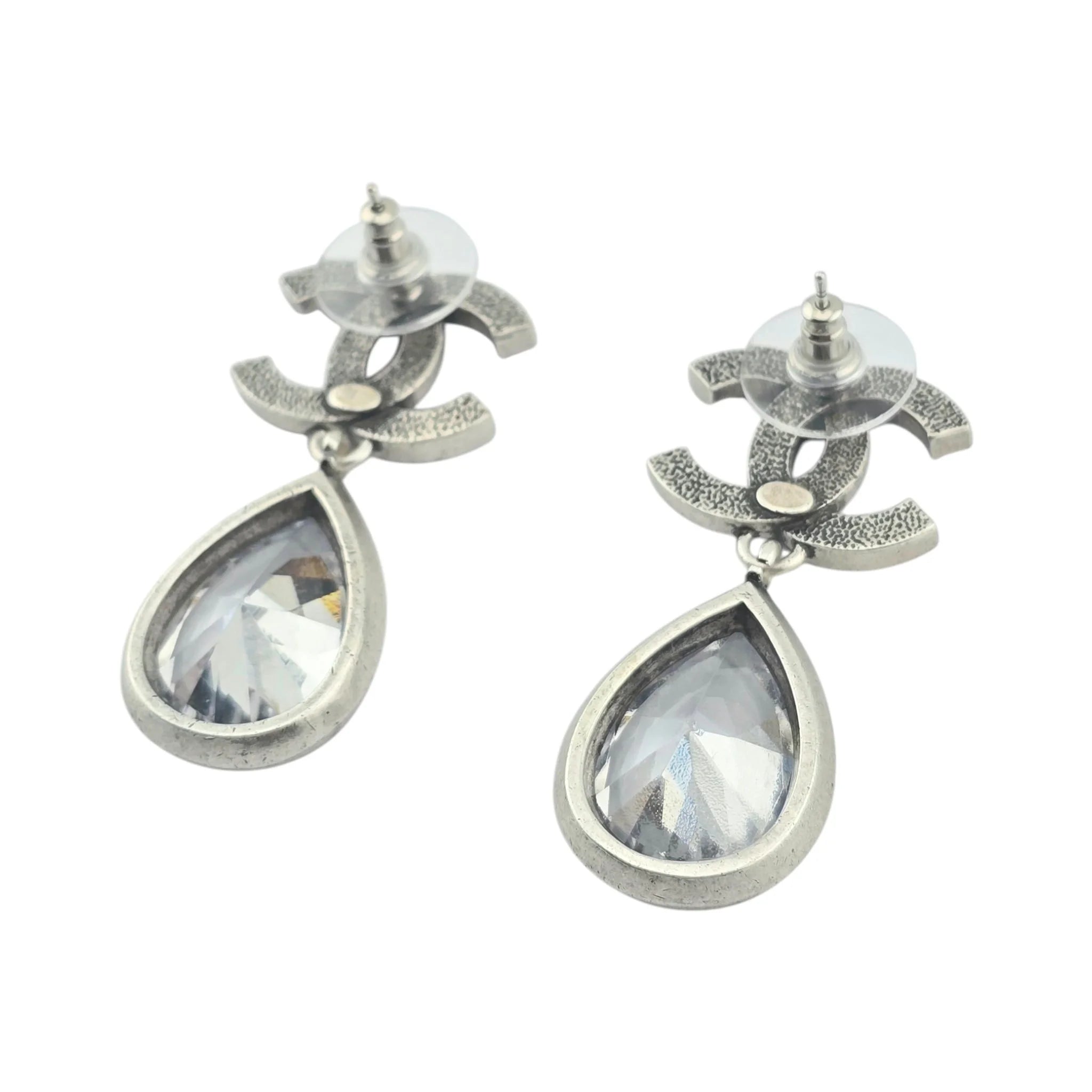 Chanel CC Tear Drop Crystal Dangle Silver Earrings 2024 CHANEL