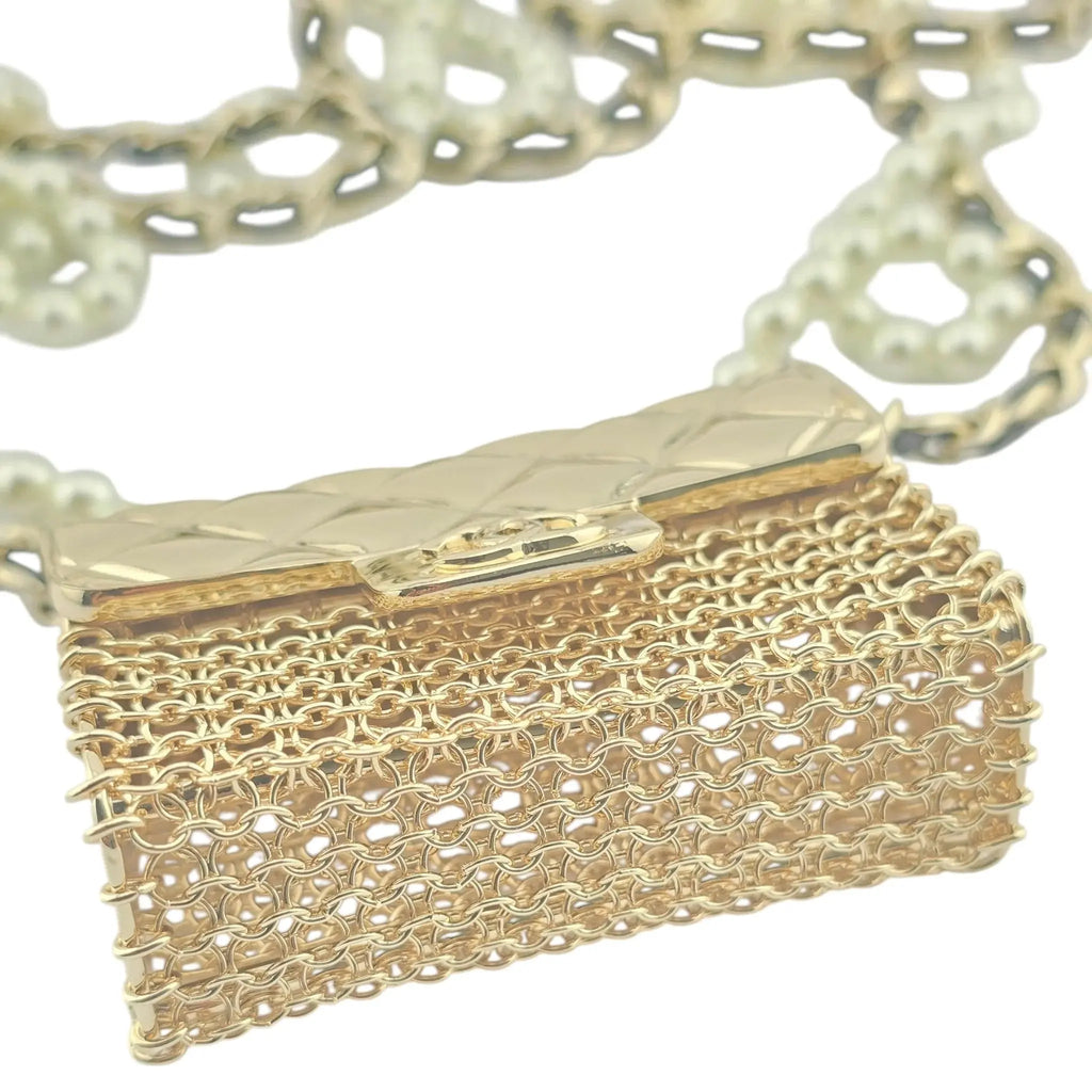 Chanel Flap Bag Pendant Long Necklace Quilted Metal with Lambskin and Faux Pearl CHANEL