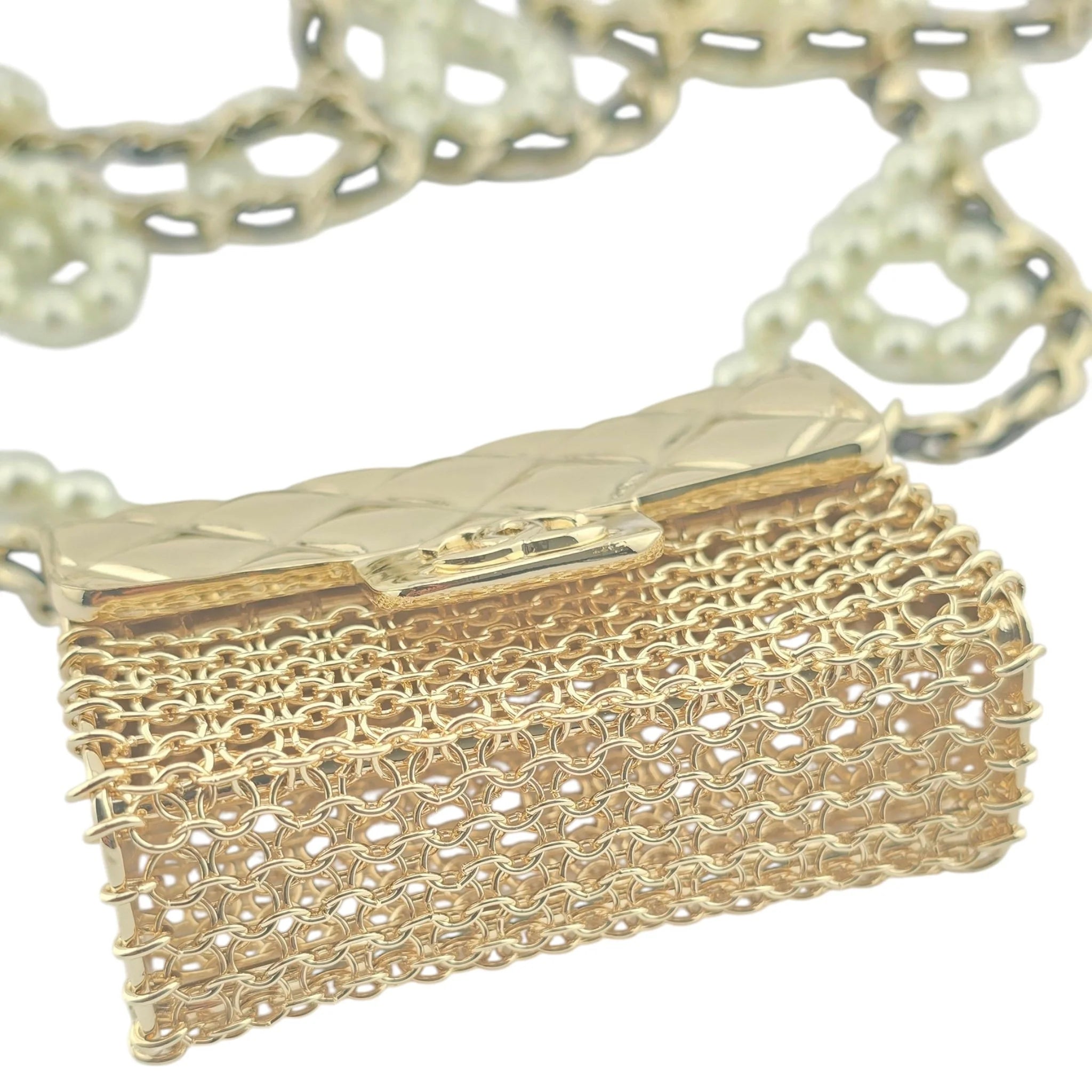 Chanel Flap Bag Pendant Long Necklace Quilted Metal with Lambskin and Faux Pearl CHANEL
