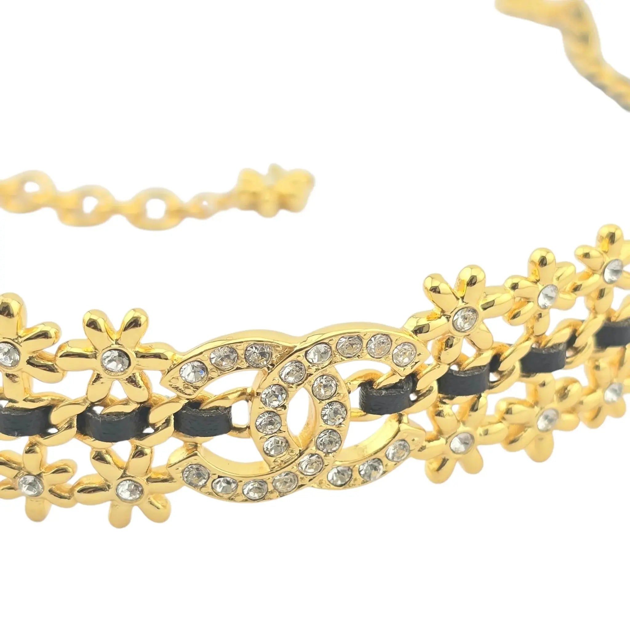 Chanel CC Choker Floral Gold Black Leather Necklace 2023 CHANEL
