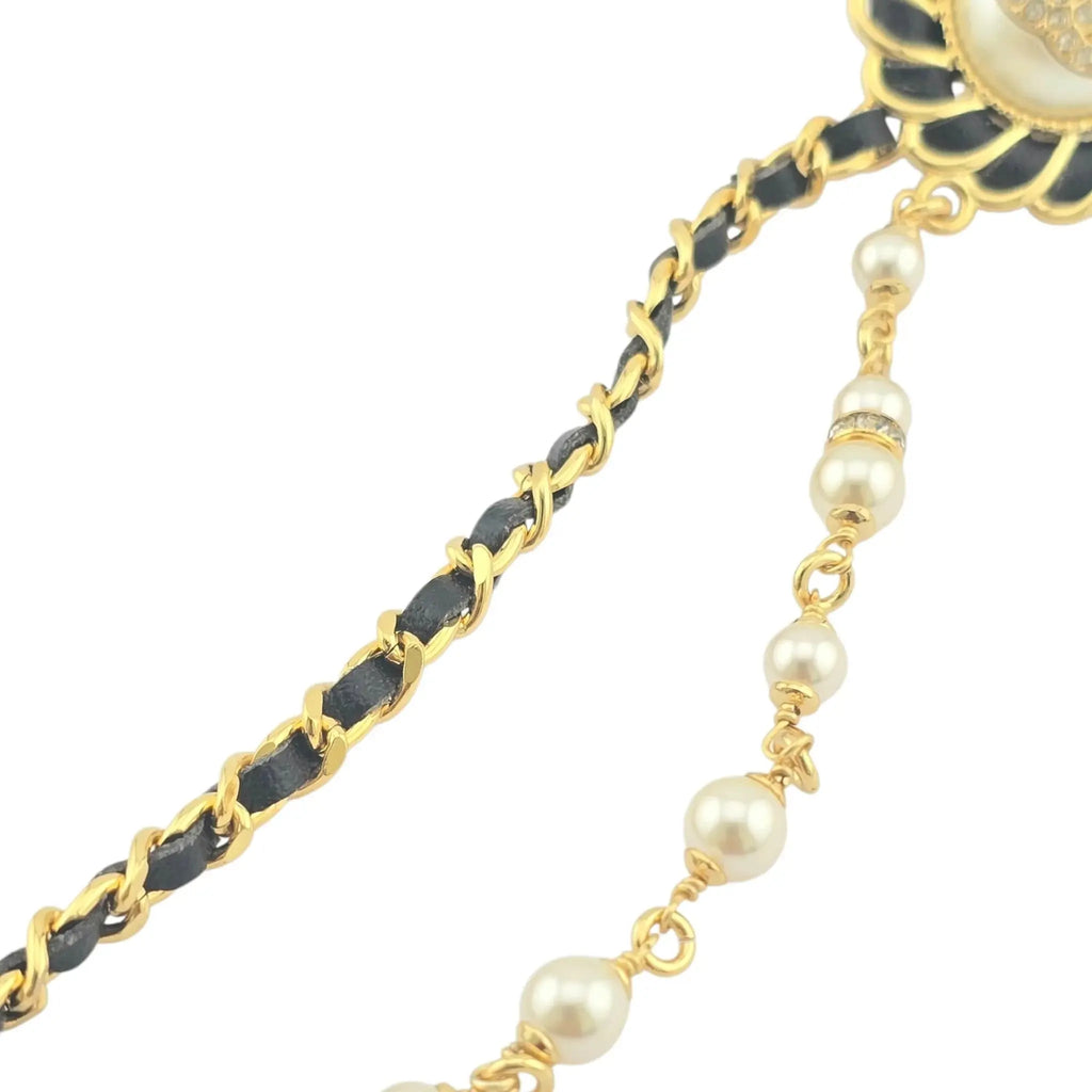 Chanel CC Leather Faux Pearl Crystal Chain Brooch 2024 CHANEL