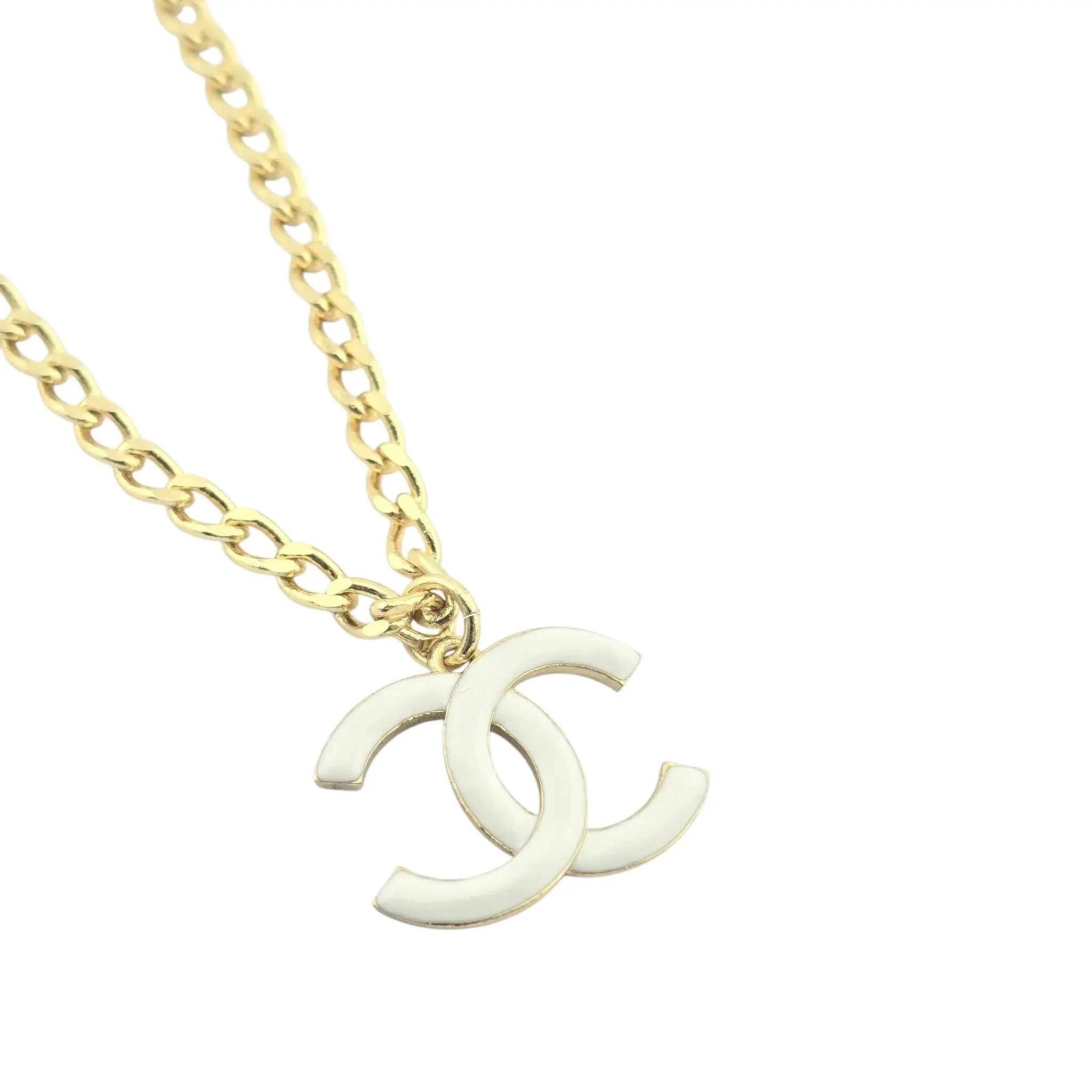Chanel CC Gold White Enamel Pendant Necklace A22 CHANEL
