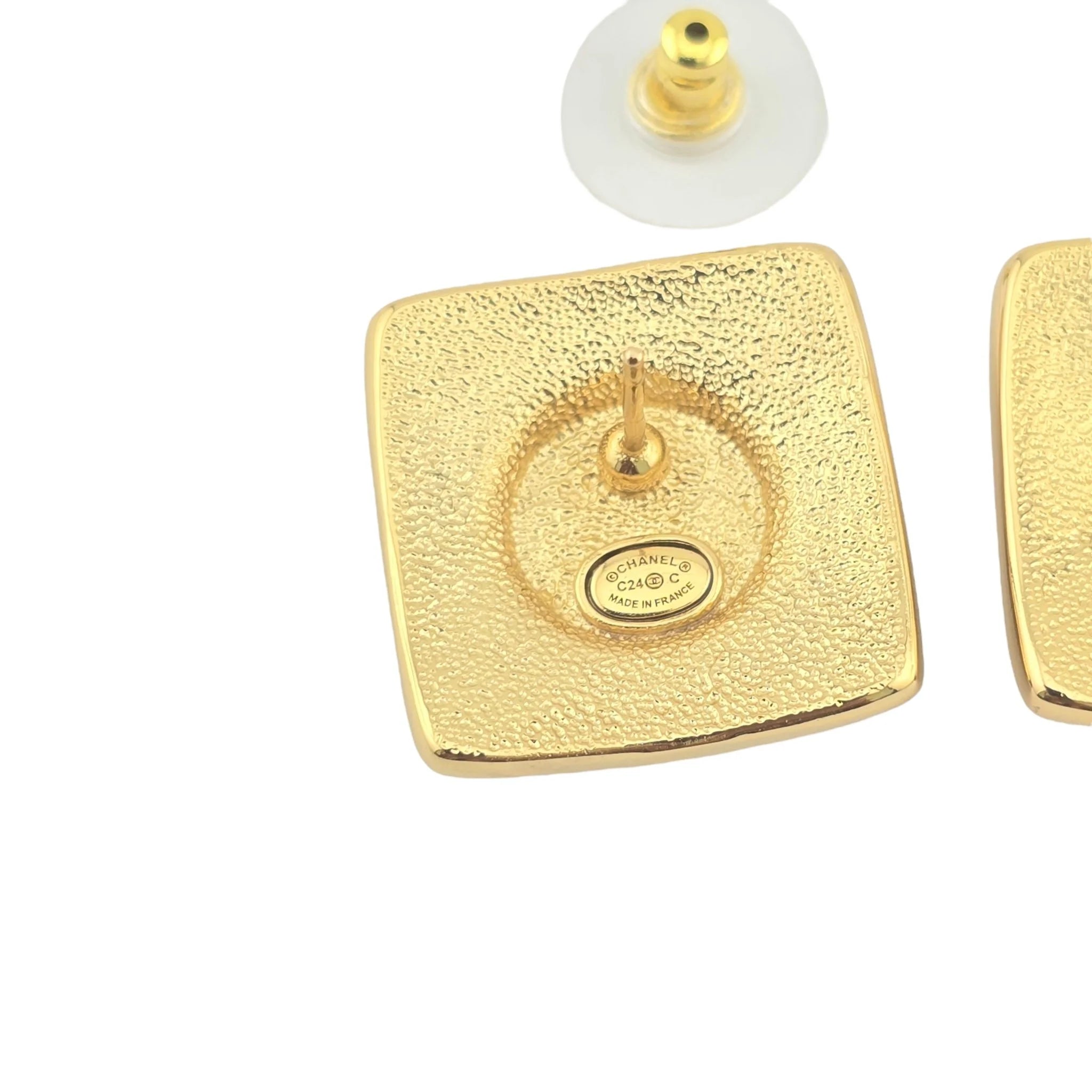 Chanel CC Square White Gold Enamel Earrings C24 CHANEL