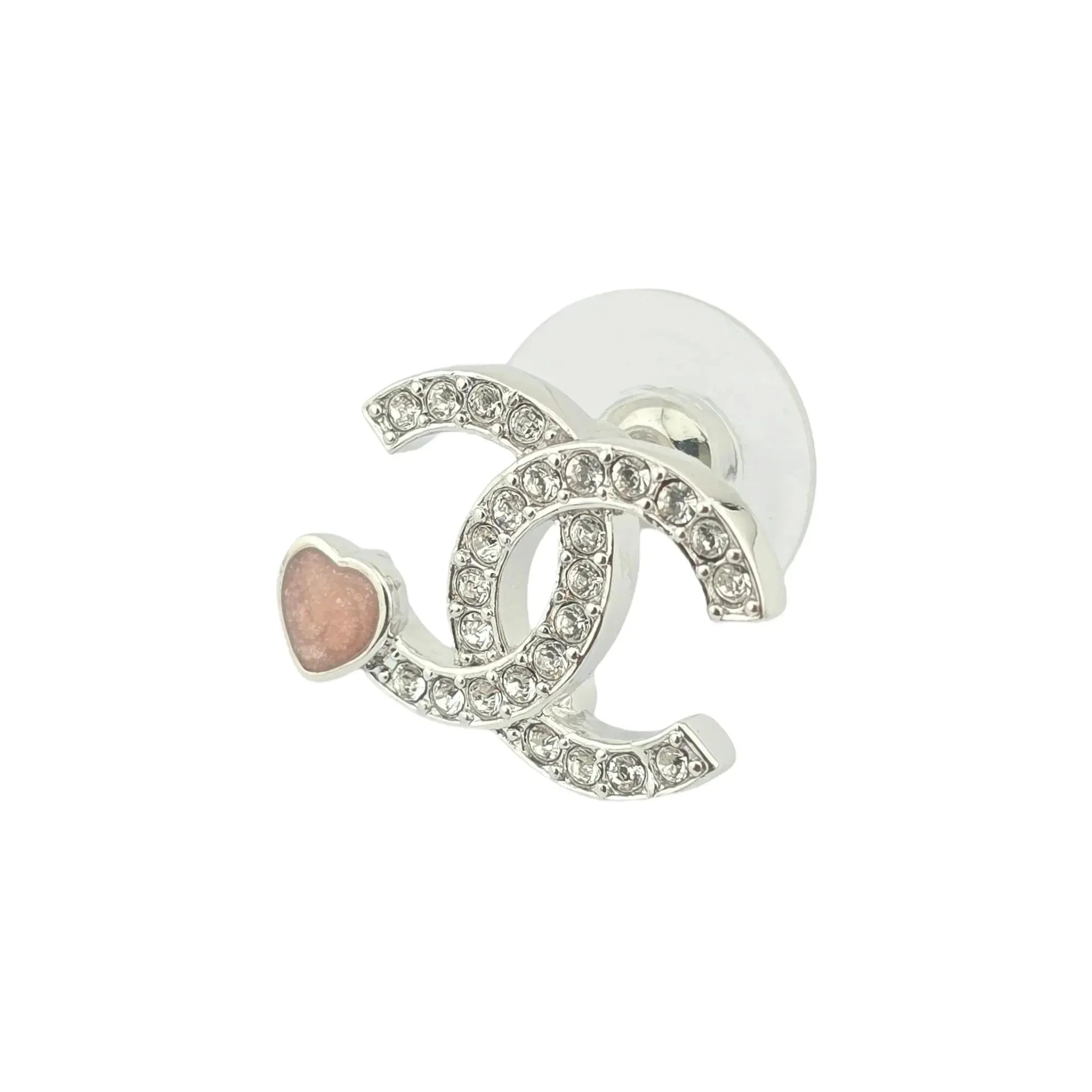 Chanel CC Silver Red Crystal Heart Stud Earrings CHANEL