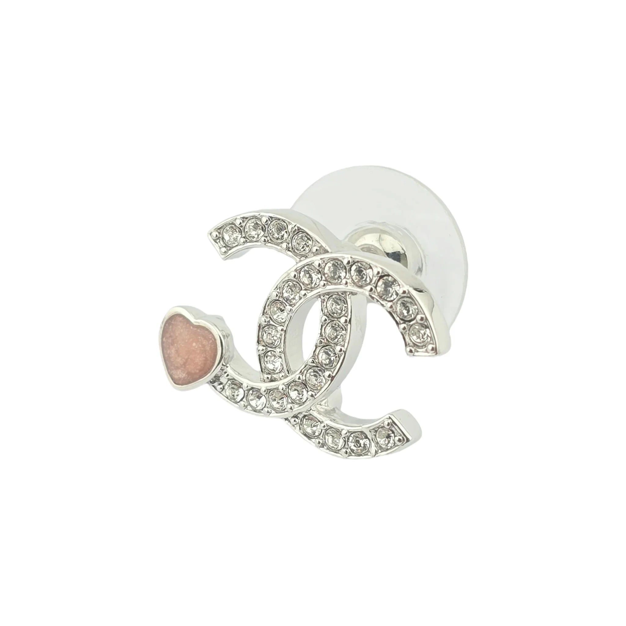 Chanel CC Silver Red Crystal Heart Stud Earrings CHANEL
