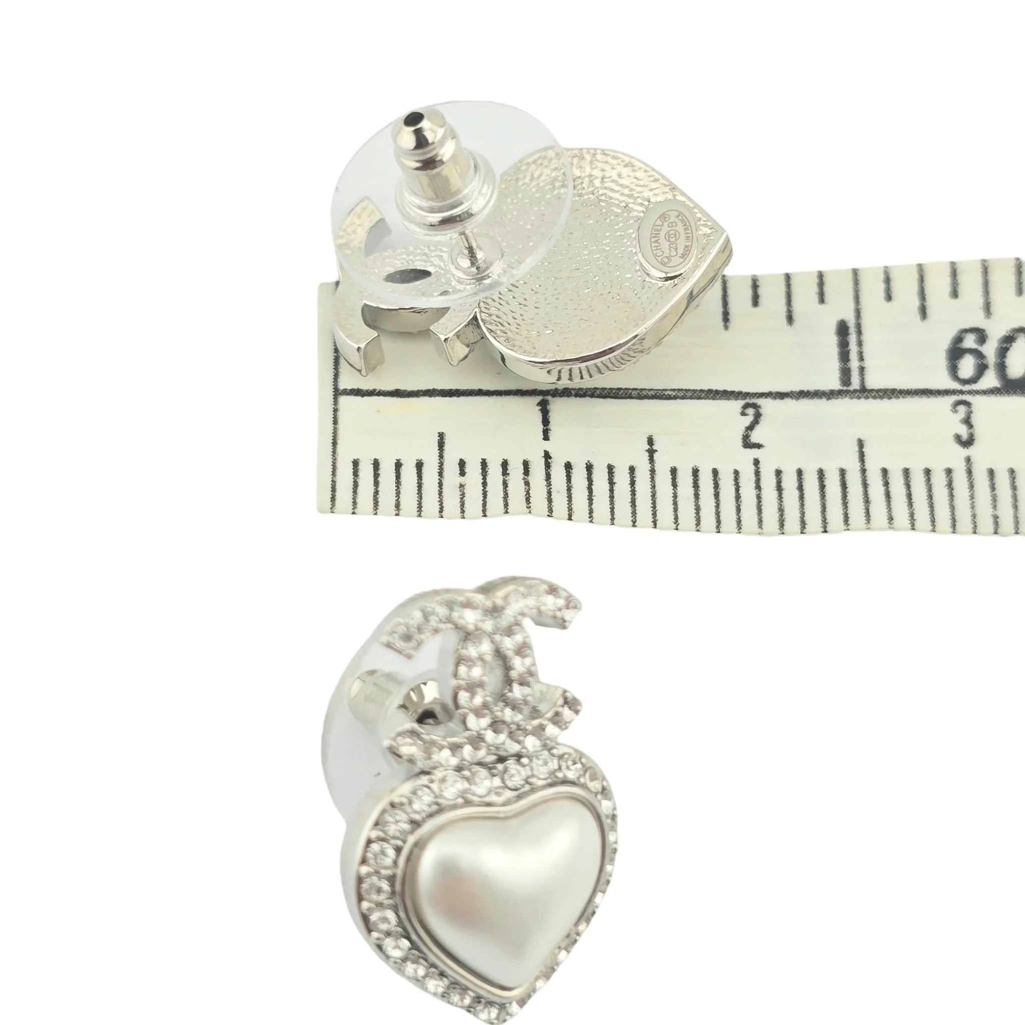 Chanel CC Pearl Crystal Heart Drop Earrings Silver 2023 CHANEL