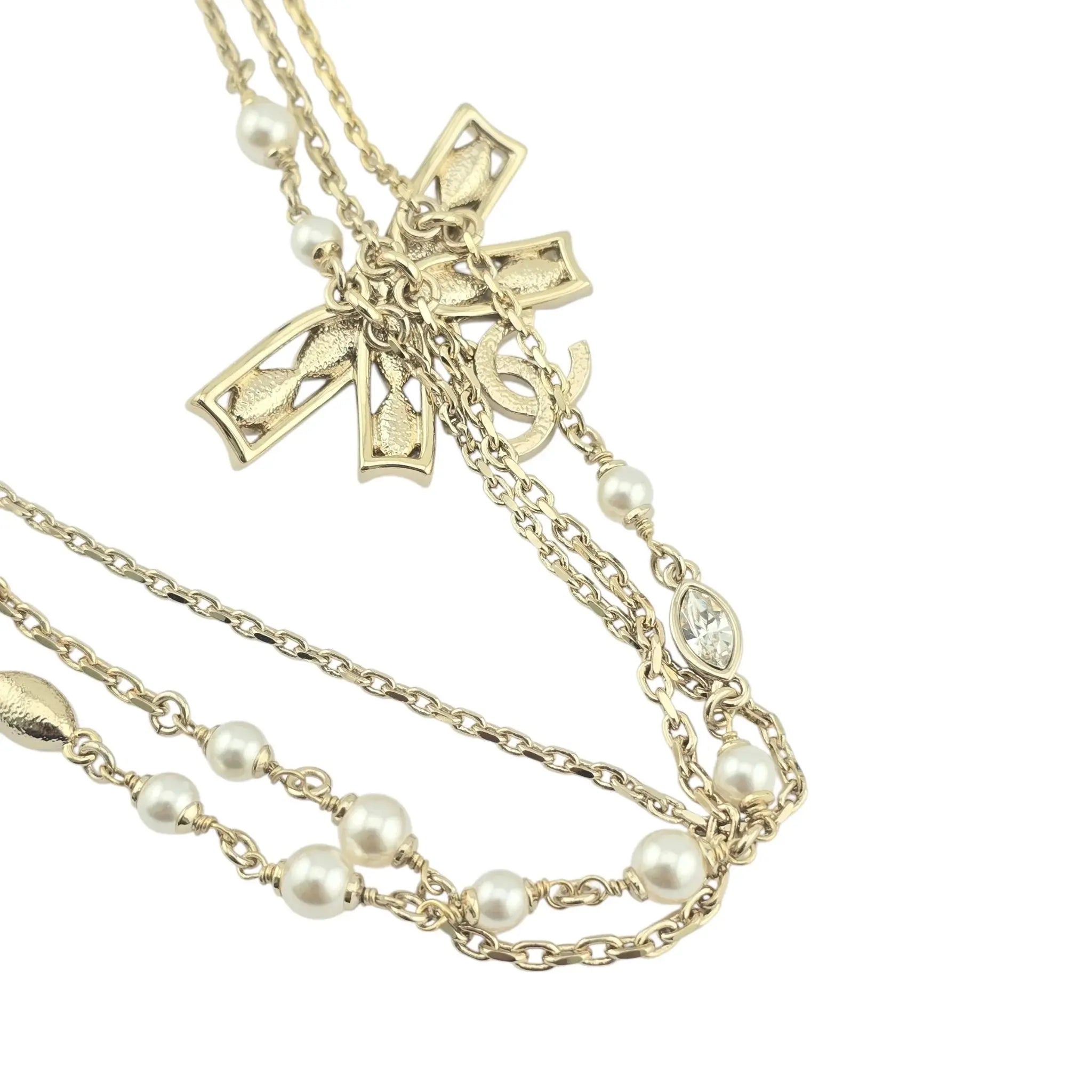Chanel CC Bow Crystal Faux Pearl Necklace 2024 CHANEL