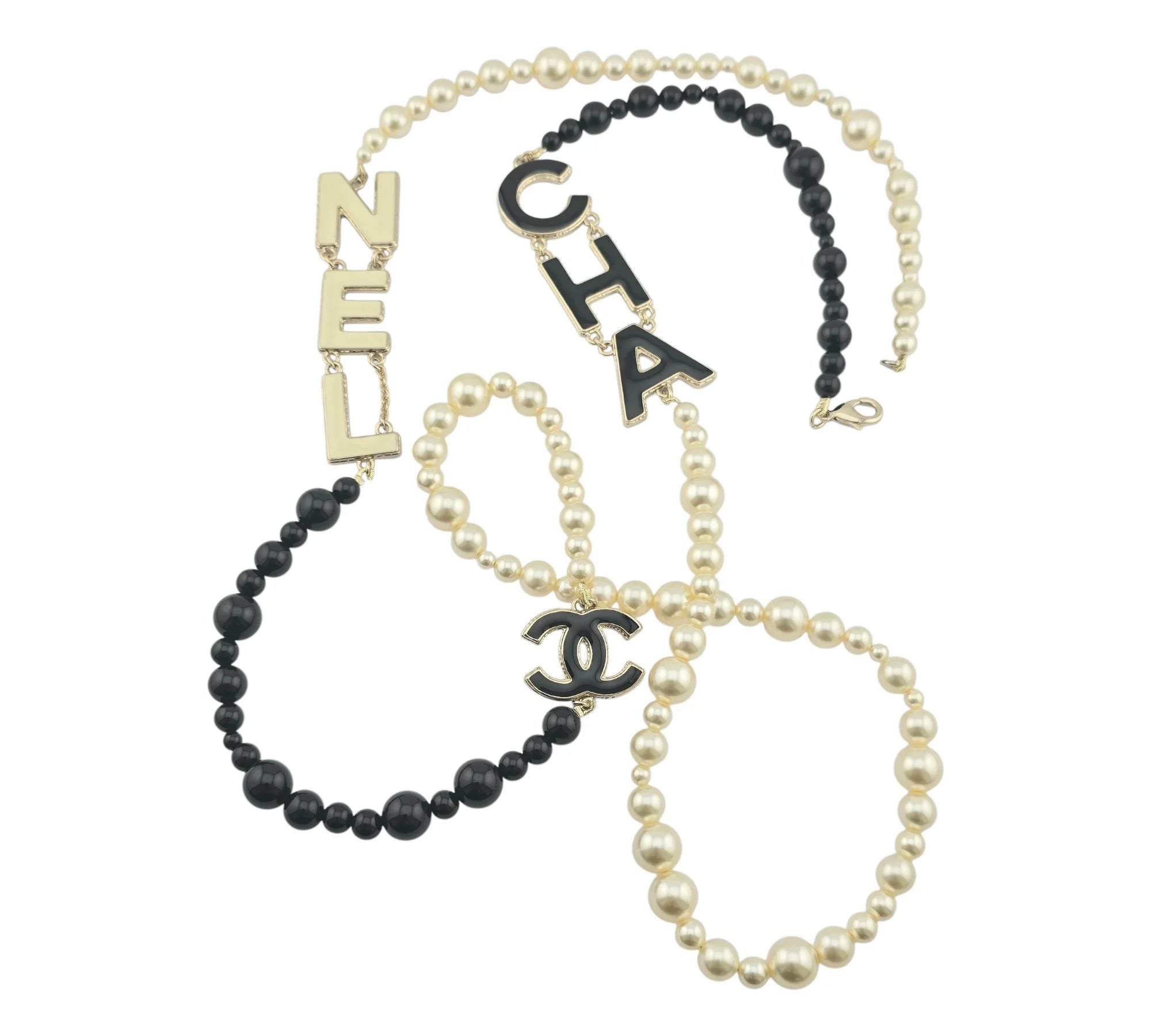 Chanel CC Metal Enamel Pearl Beaded Long Necklace Black White 2022 CHANEL