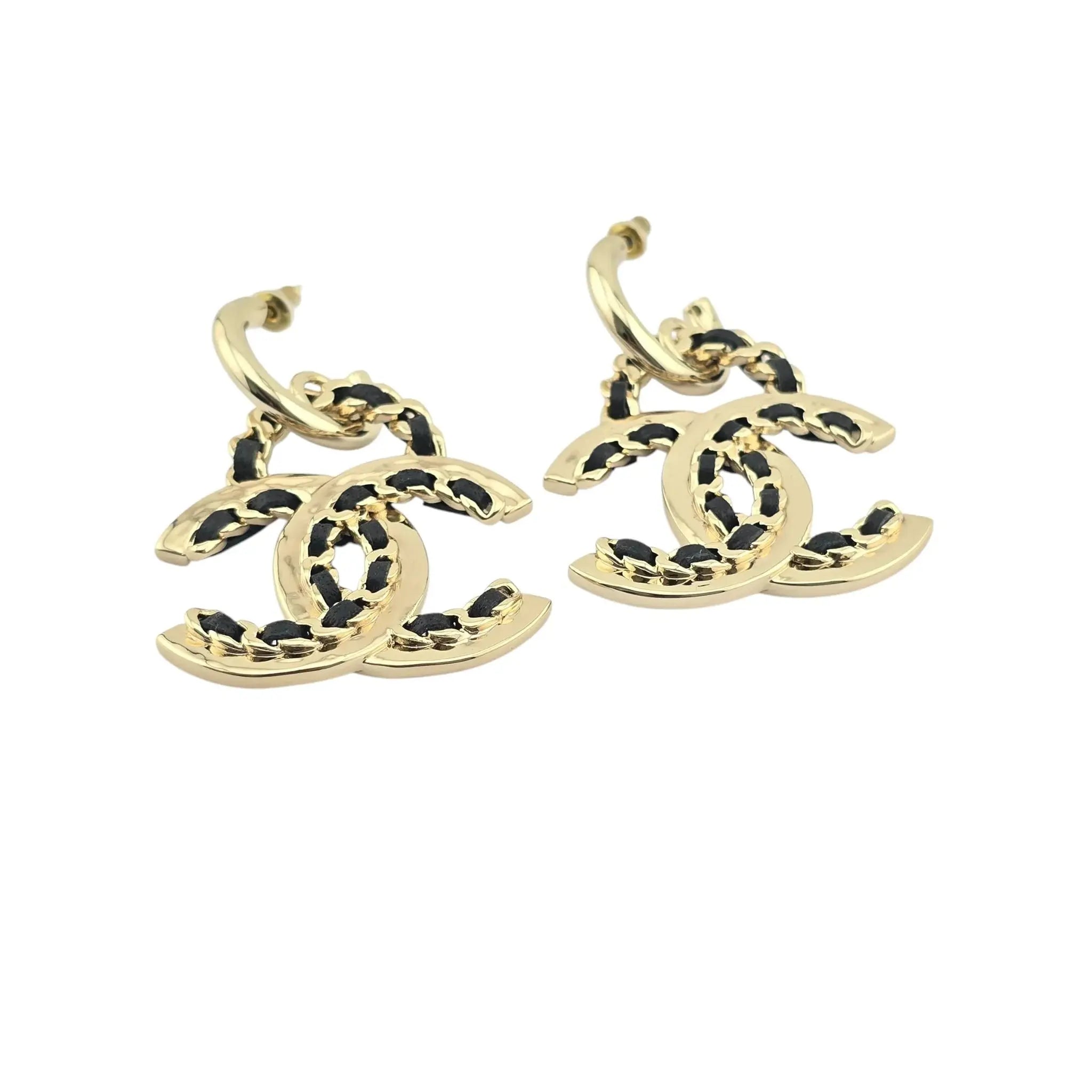 Chanel CC Gold Black Woven Leather Drop Earrings 2021 CHANEL