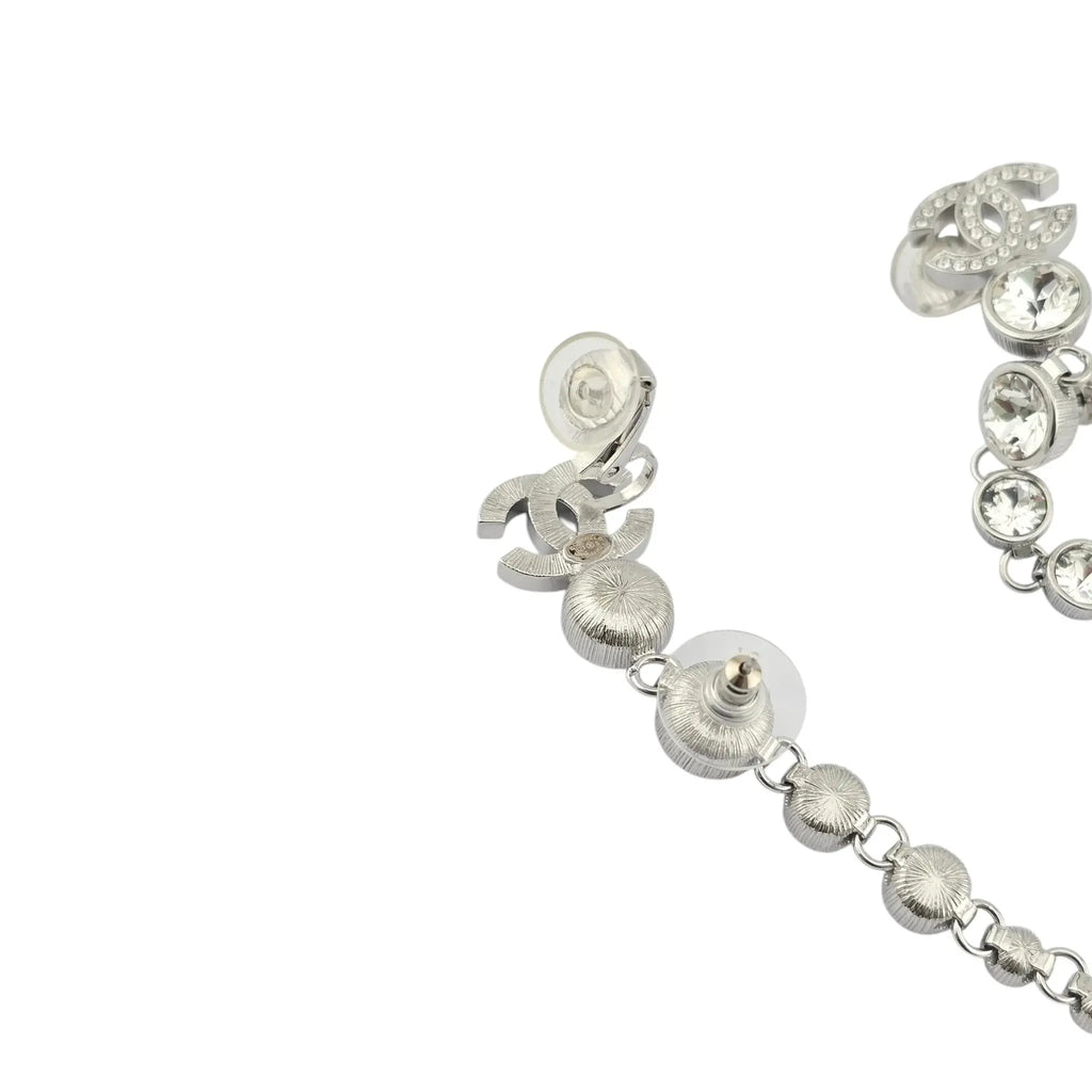 Chanel CC Crystal Cuff Climber Long Drop Earrings Silver 2023 CHANEL
