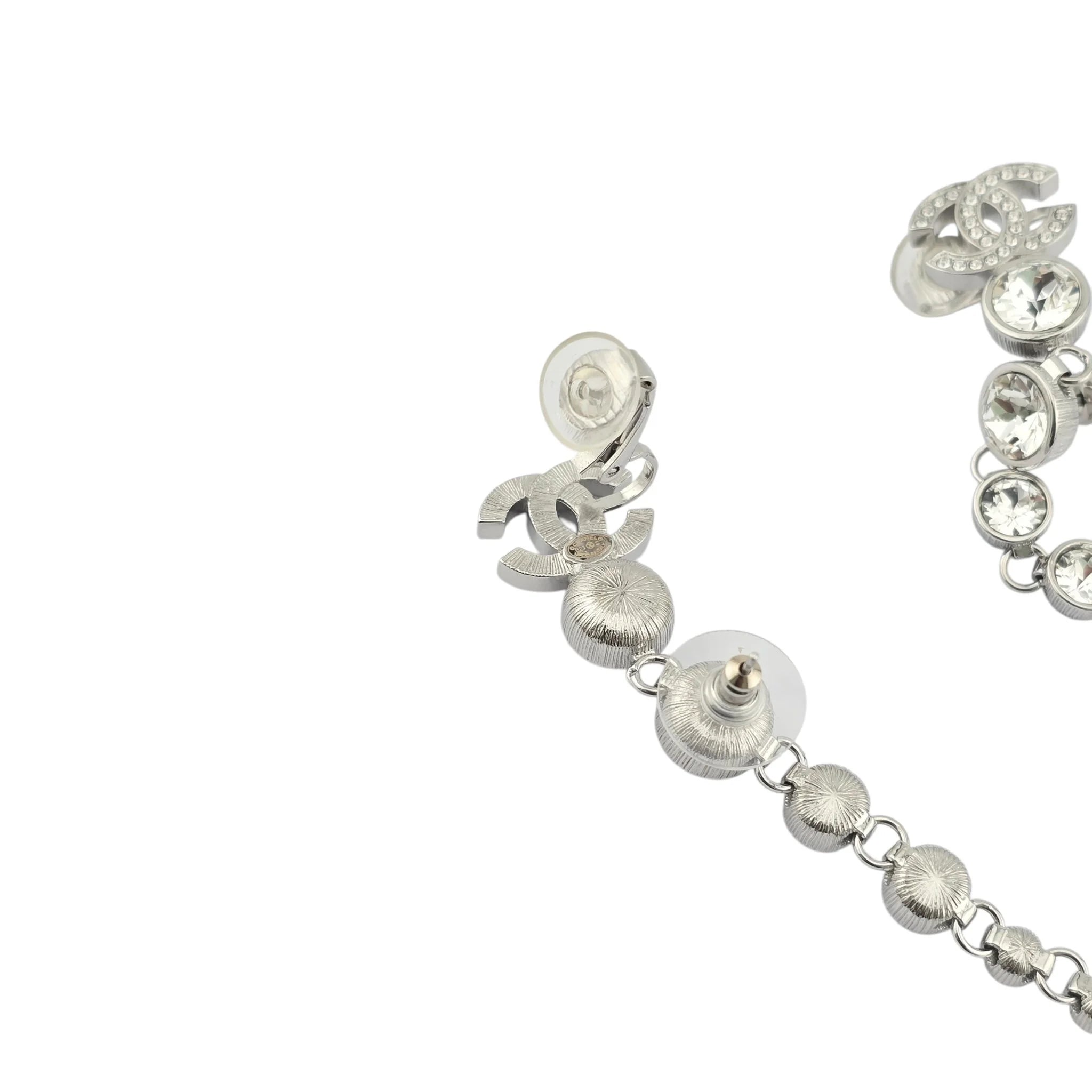 Chanel CC Crystal Cuff Climber Long Drop Earrings Silver 2023 CHANEL