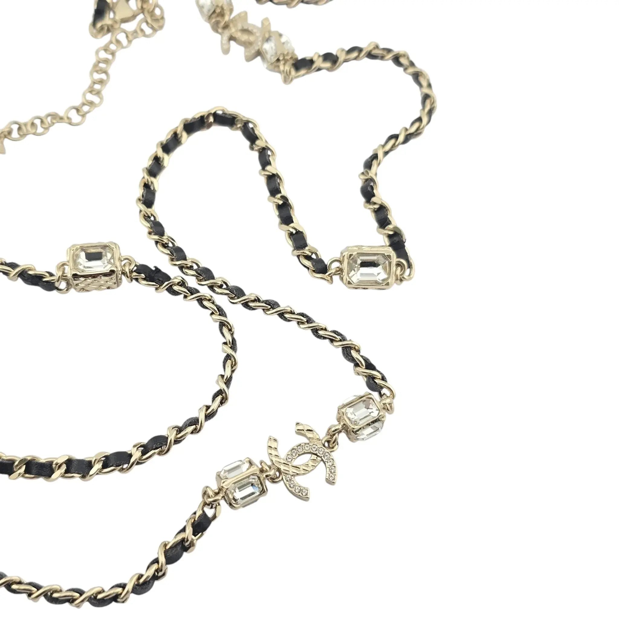 Chanel CC Gold Black Leather Long Necklace A23 CHANEL