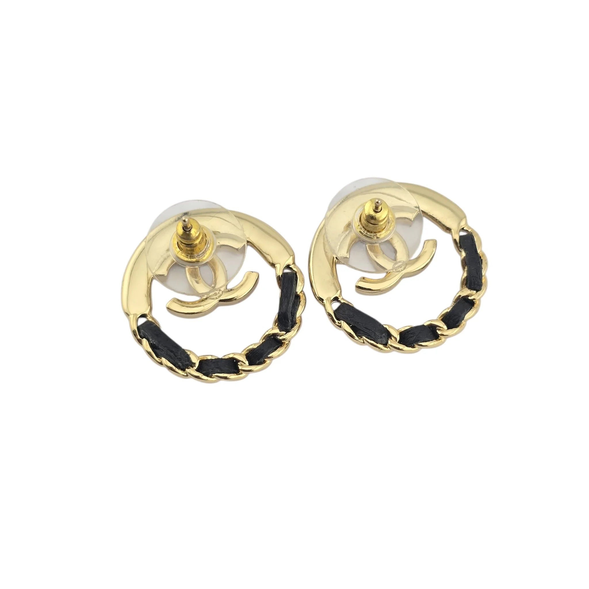 Chanel CC Round Gold Black Leather Earrings 2022 CHANEL