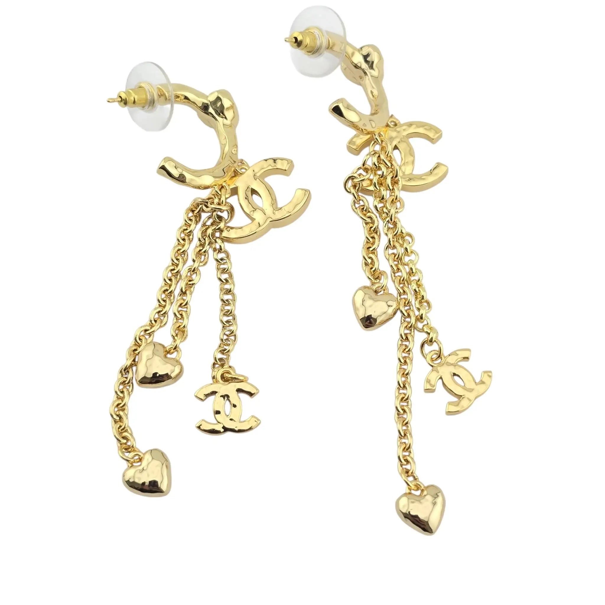 Chanel CC Chain Drop Gold Heart Hoop Earrings B23 CHANEL