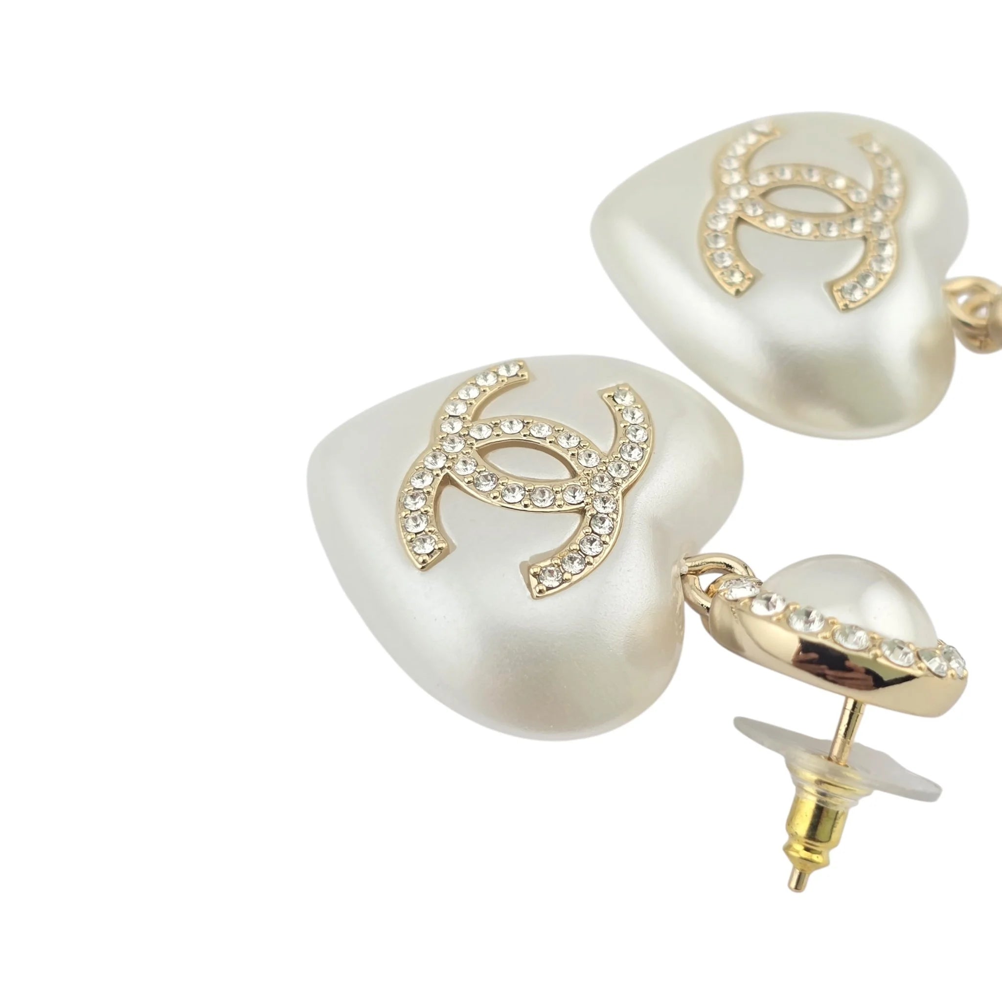 Chanel CC Pearl Crystal Heart Drop Earrings Gold 2021 CHANEL