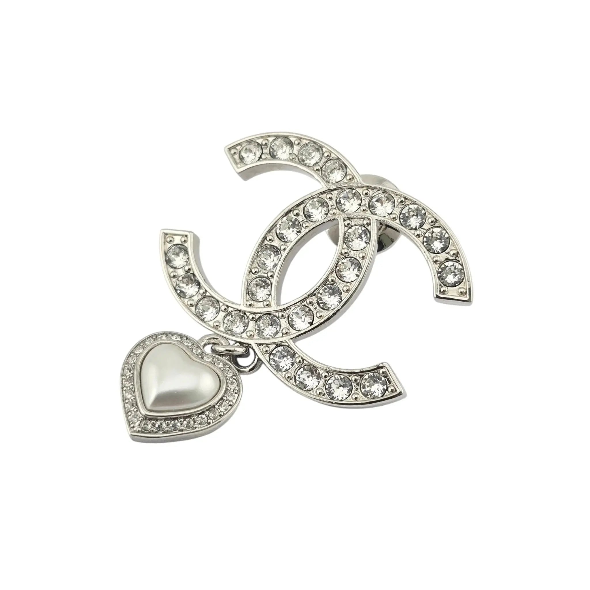 Chanel Crystal Pearl CC Heart Drop Brooch Silver B23 CHANEL