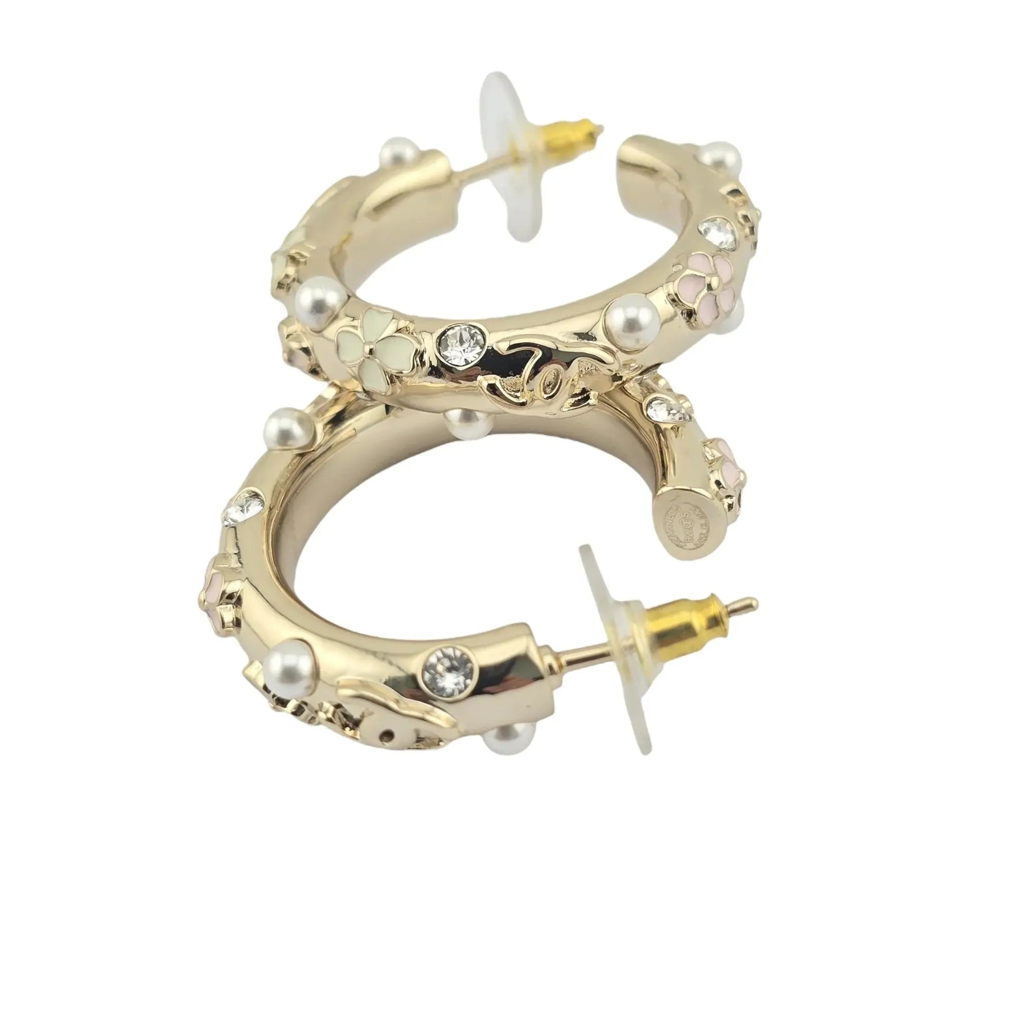 Chanel CC Pearl Clover Camellia Hoop Earrings B22 CHANEL