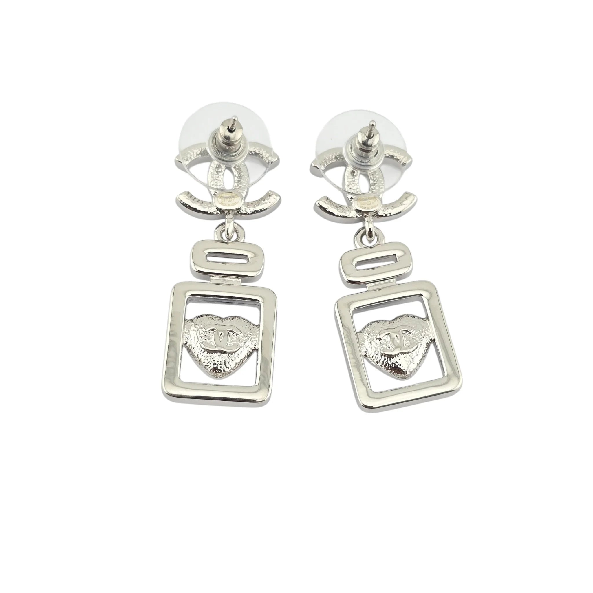 Chanel CC Silver Blue Heart Bottle Drop Earrings 2025 CHANEL