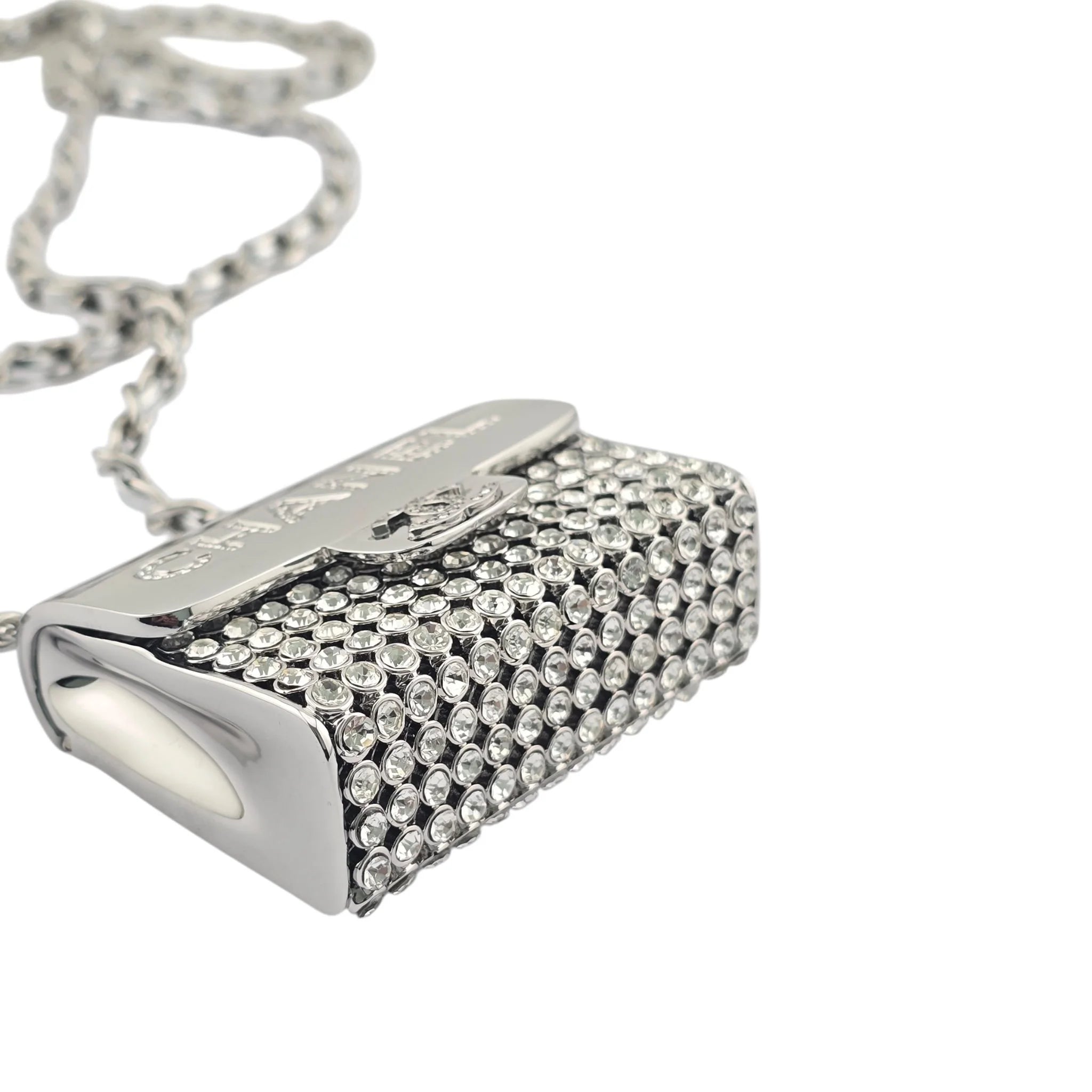 Chanel CC Metal Lambskin Strass Crystal Mini Bag Long Necklace Silver CHANEL