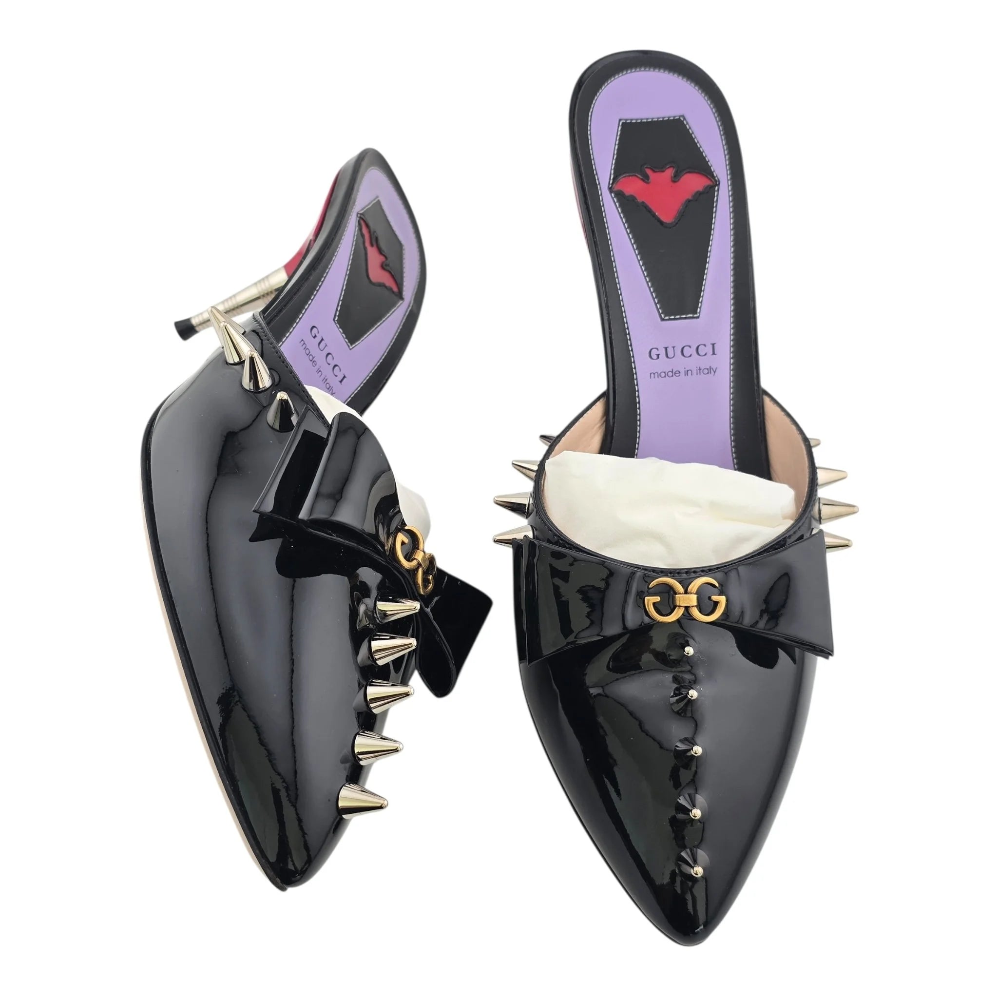 GUCCI Patent GG Bow Sadie Spike Mid Heel Mules 38.5 Black GUCCI