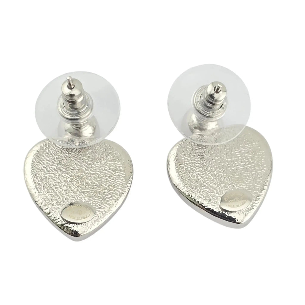 Chanel CC Pink Heart Silver Crystal Metal Earrings B25 CHANEL