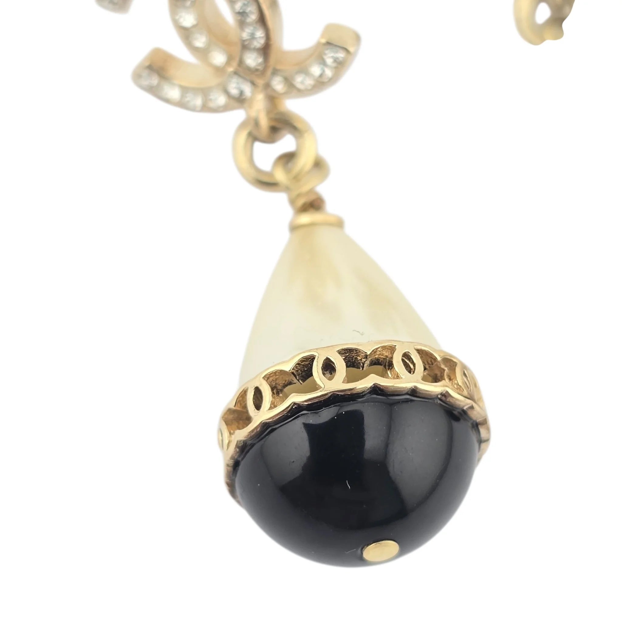 Chanel Crystal Pearl CC Drop Earrings Gold Black CHANEL