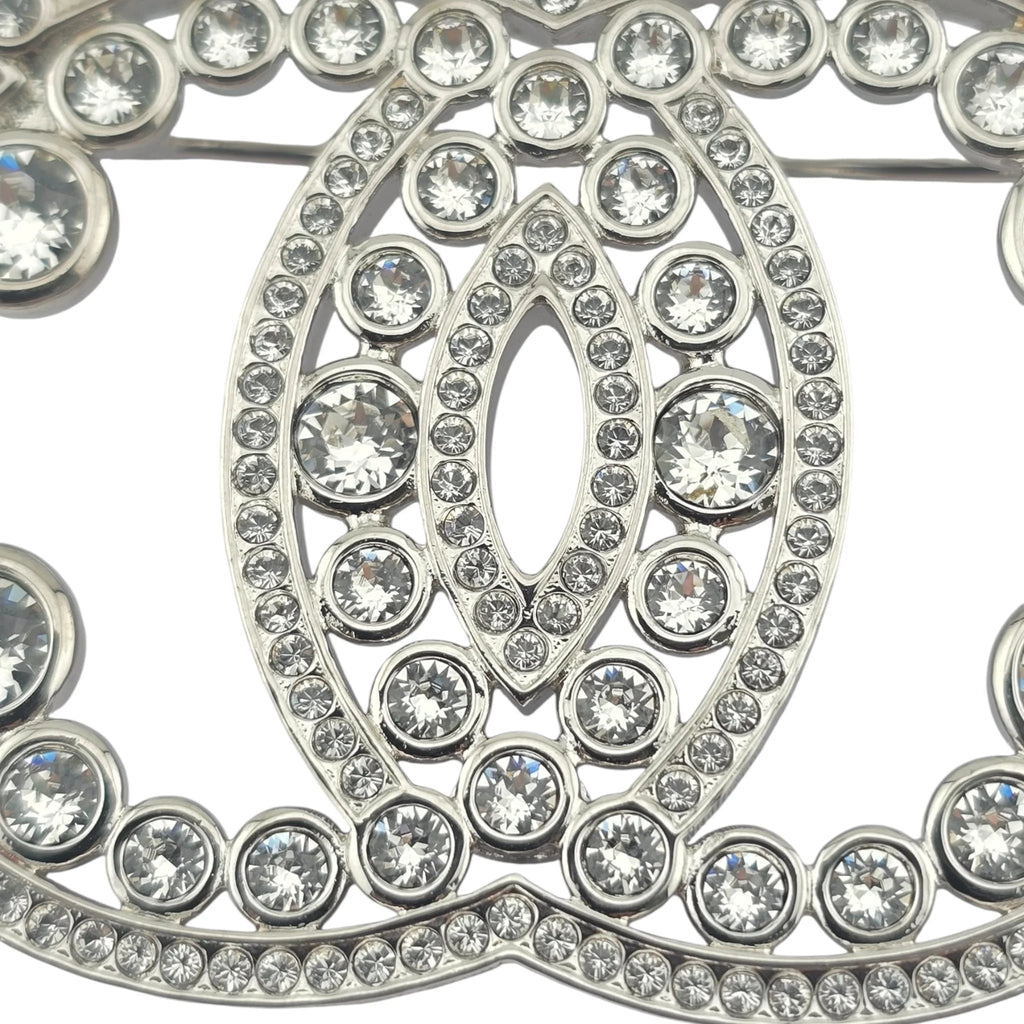 Chanel CC Metal Crystal Brooch Silver 2023 CHANEL