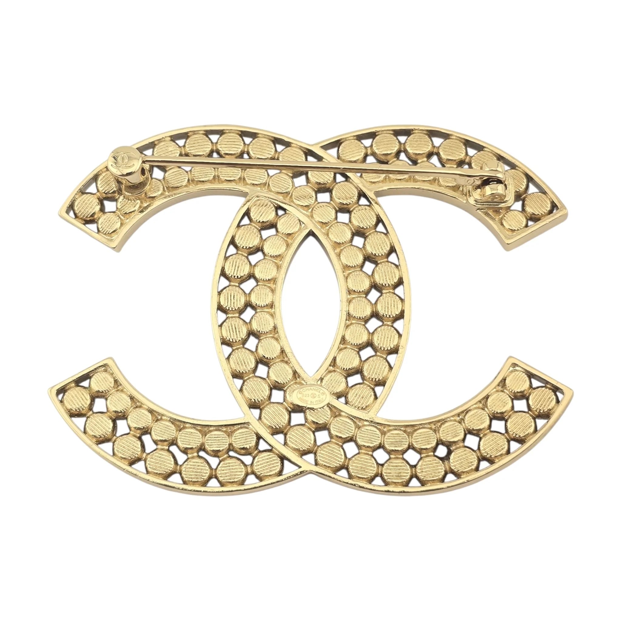 Chanel CC Metal Crystal Brooch Gold Black 2023 CHANEL