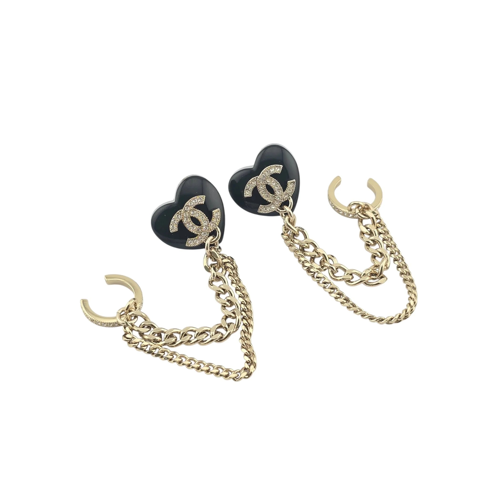 Chanel CC Resin Crystal Heart Chain Cuff Earrings Black Gold CHANEL