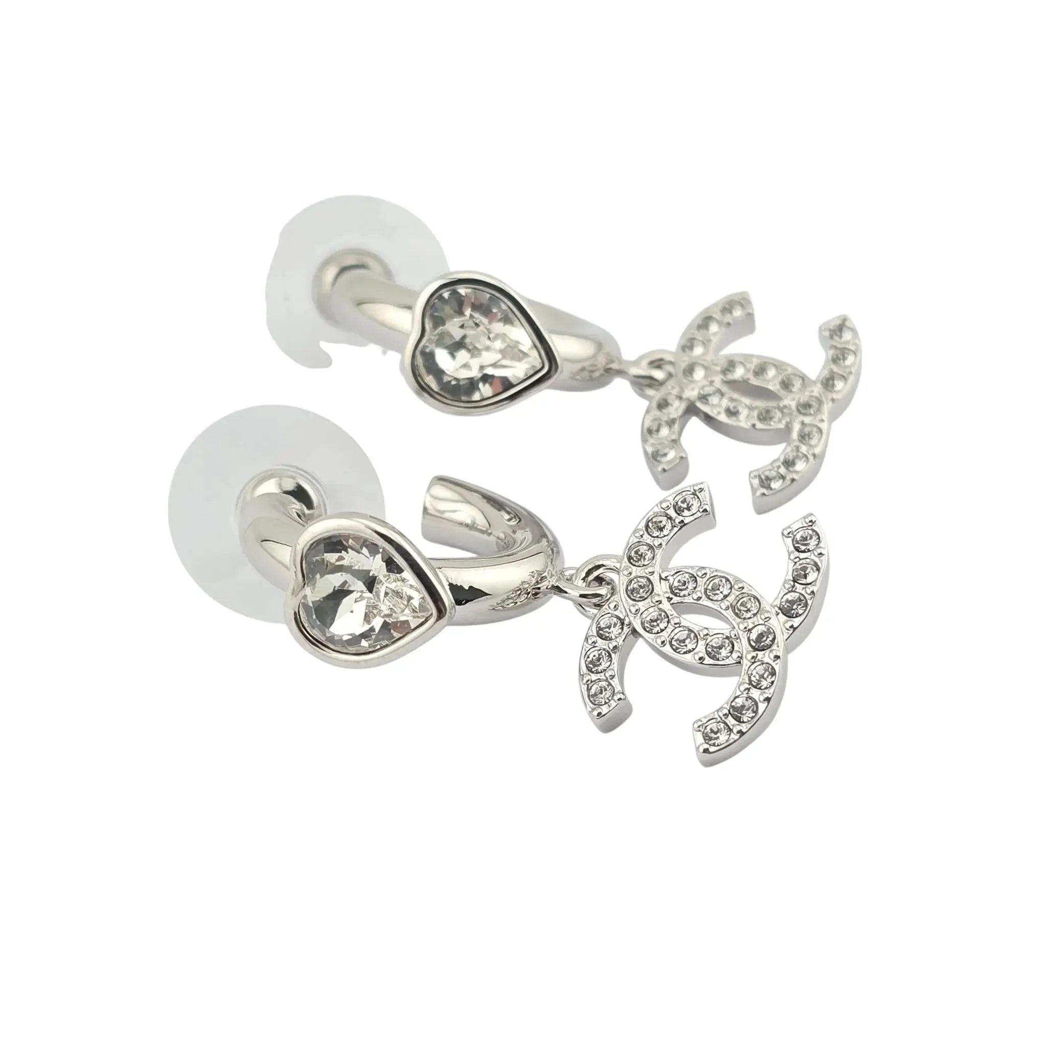 Chanel CC Crystal Heart Drop Silver Earrings 2025 CHANEL