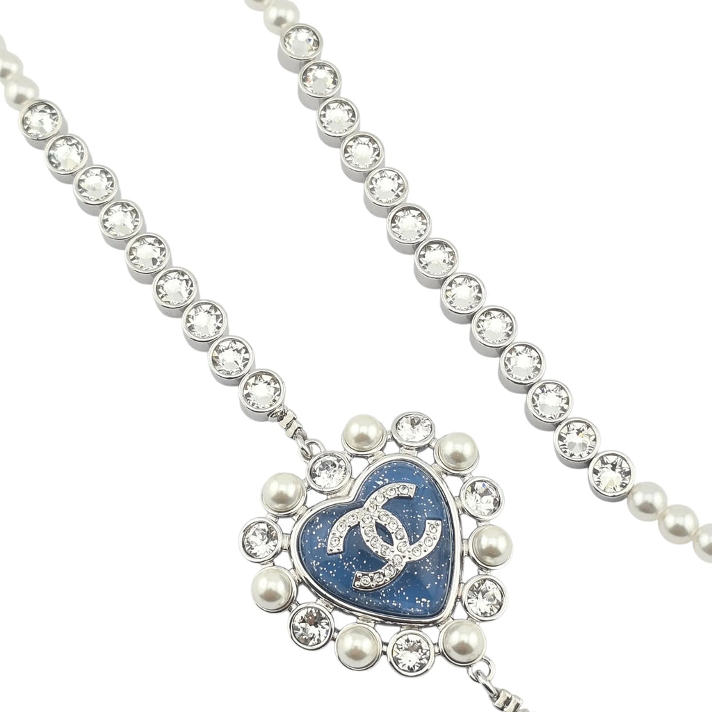 Chanel CC Long Faux Pearl Necklace Blue Heart 2025 CHANEL