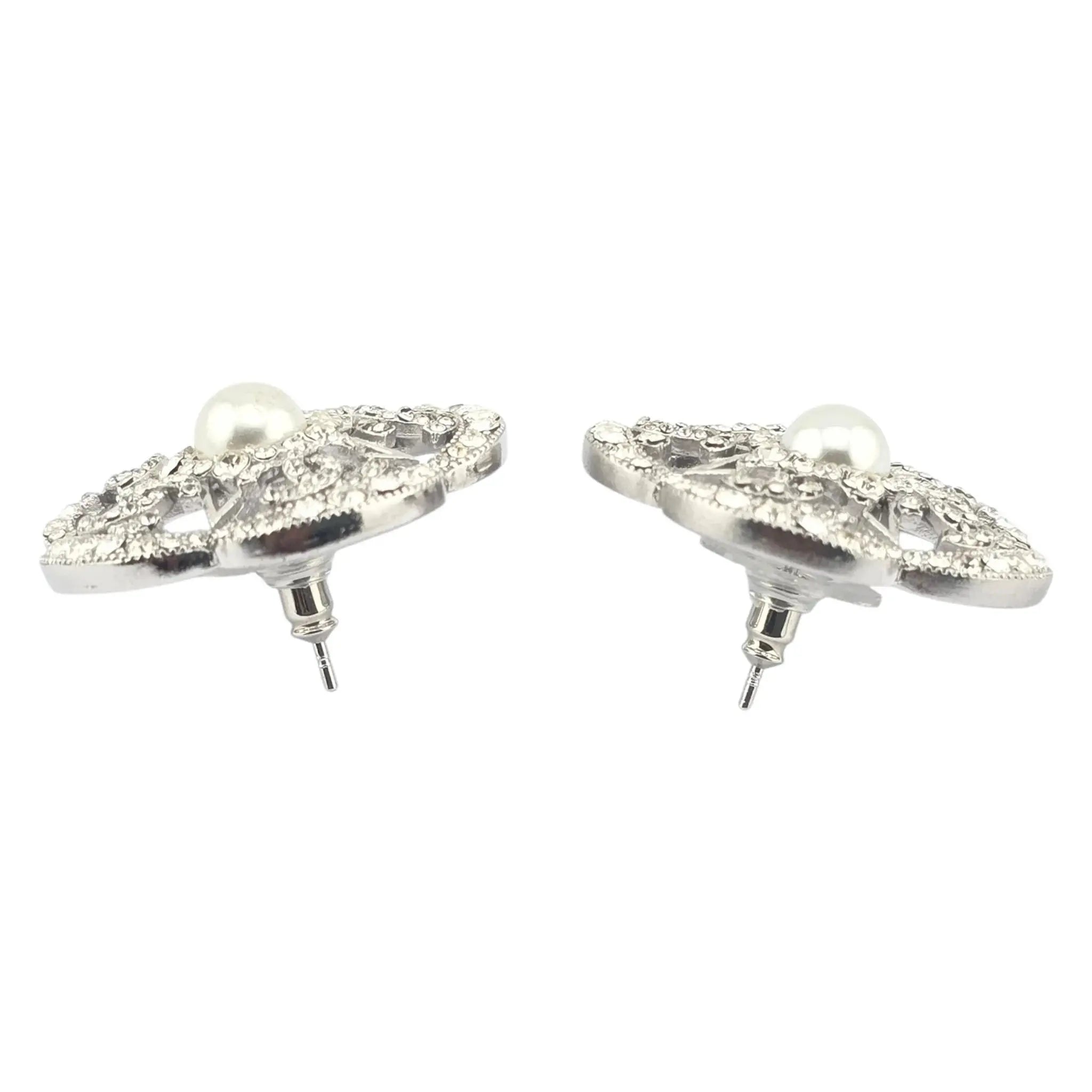Chanel CC Silver Crystal Camellia Flower Earrings 2025 CHANEL