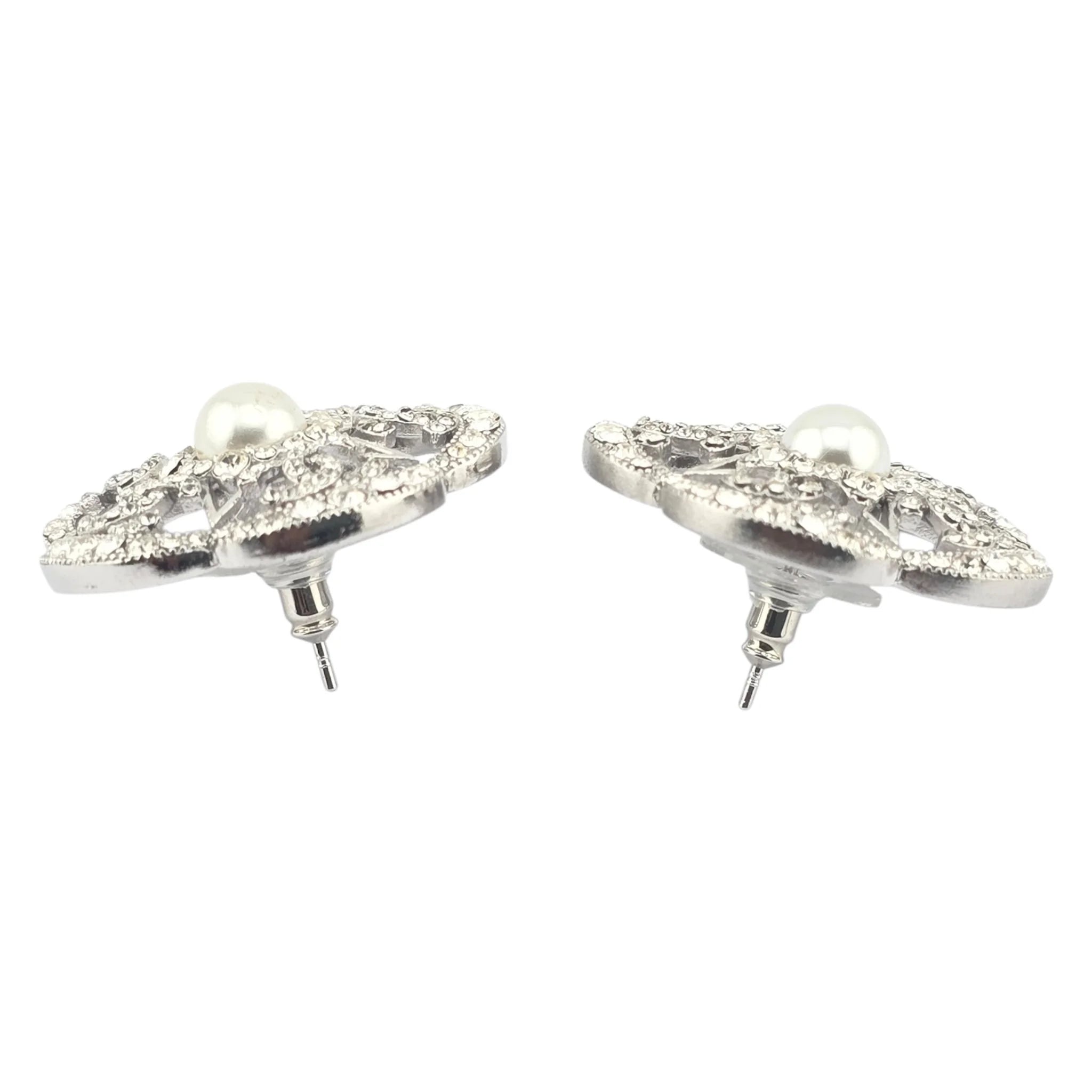 Chanel CC Silver Crystal Camellia Flower Earrings 2025 CHANEL