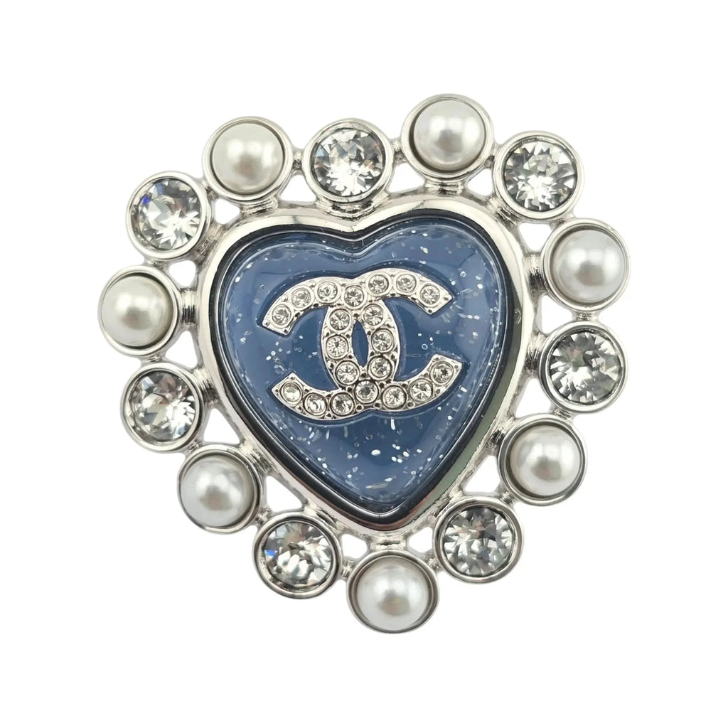 Chanel CC Silver Blue Heart Crystal Faux Pearl Earrings 2025 CHANEL