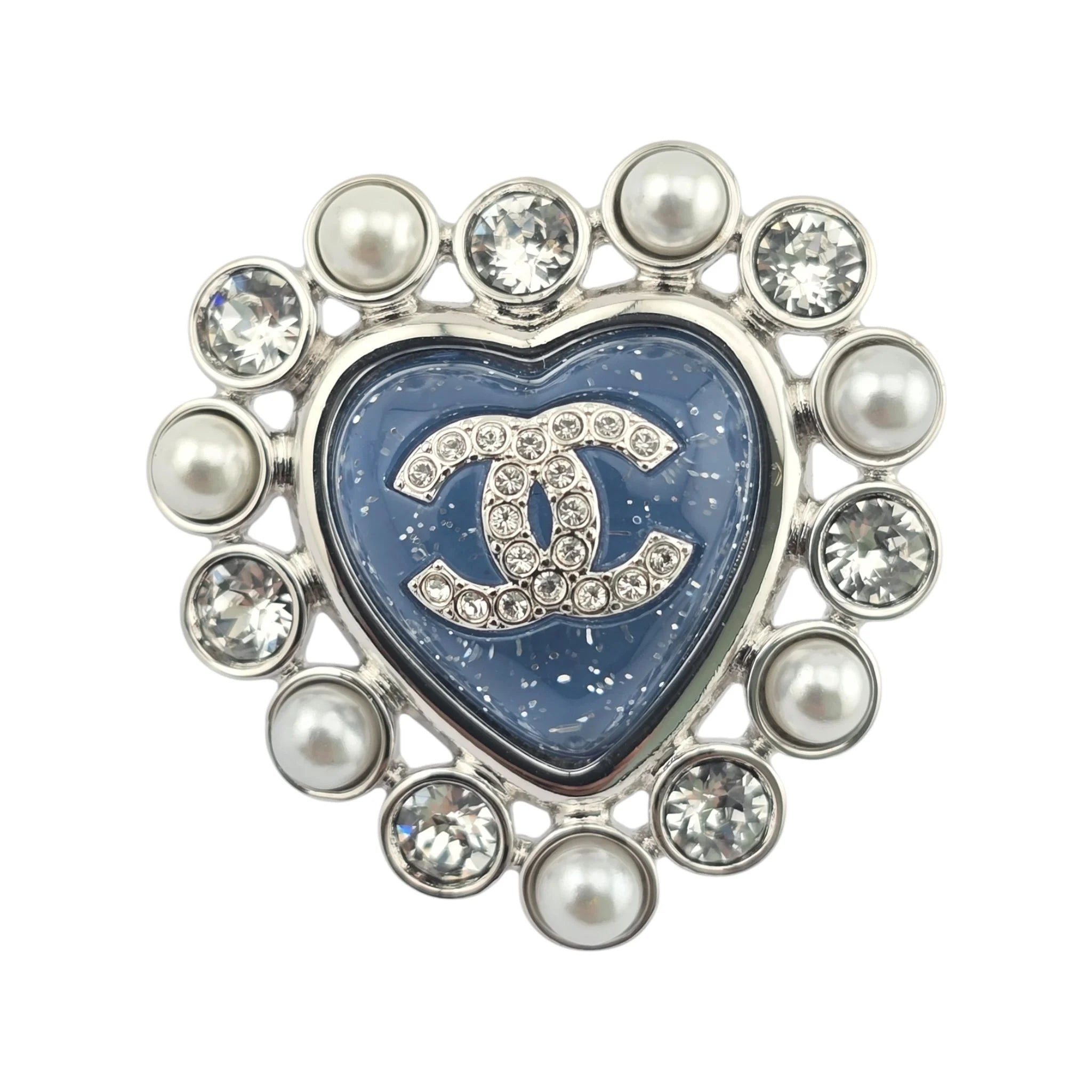 Chanel CC Silver Blue Heart Crystal Faux Pearl Earrings 2025 CHANEL