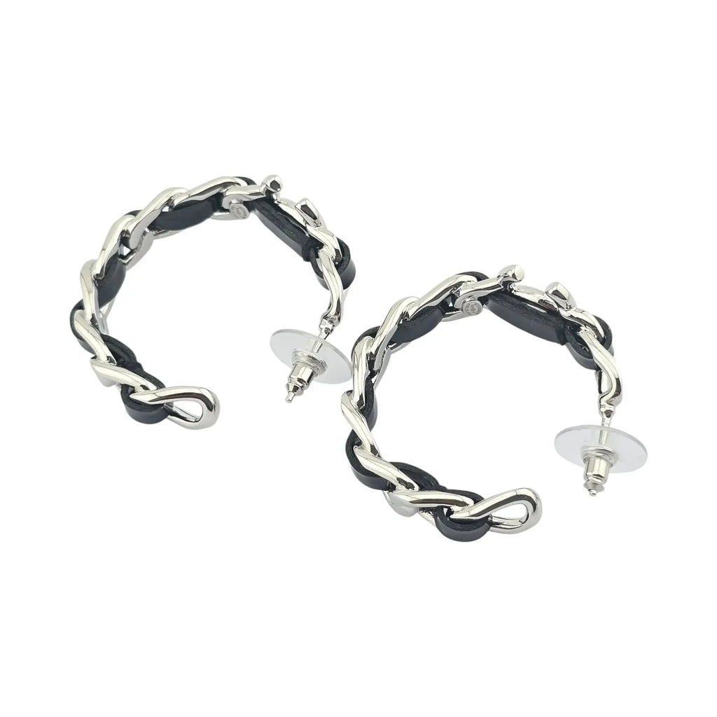 Chanel CC Leather Black Hoop Earrings 2025 CHANEL