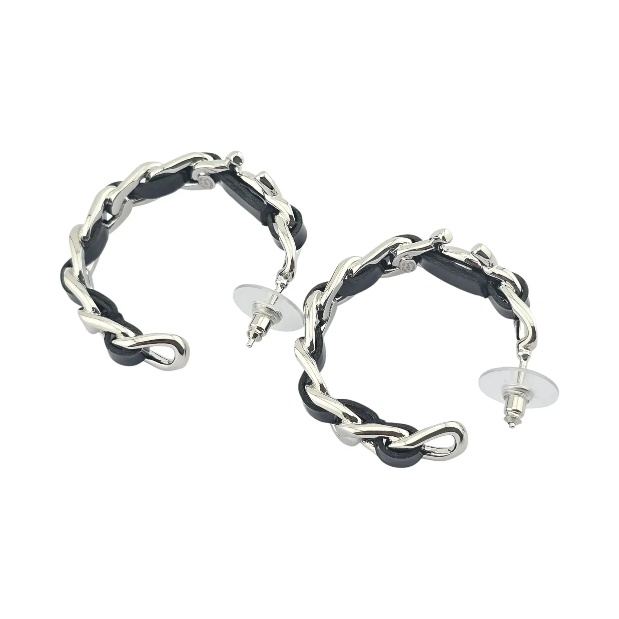 Chanel CC Leather Black Hoop Earrings 2025 CHANEL