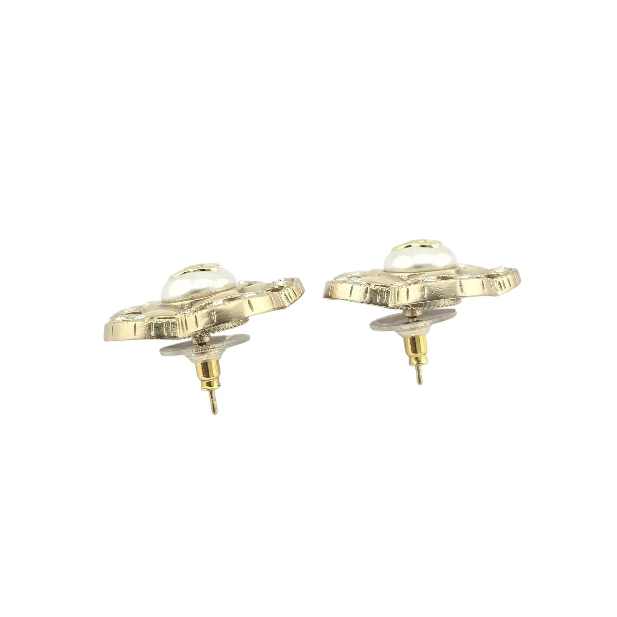 Chanel CC Enamel Crystal Pearl Camellia Earrings CHANEL