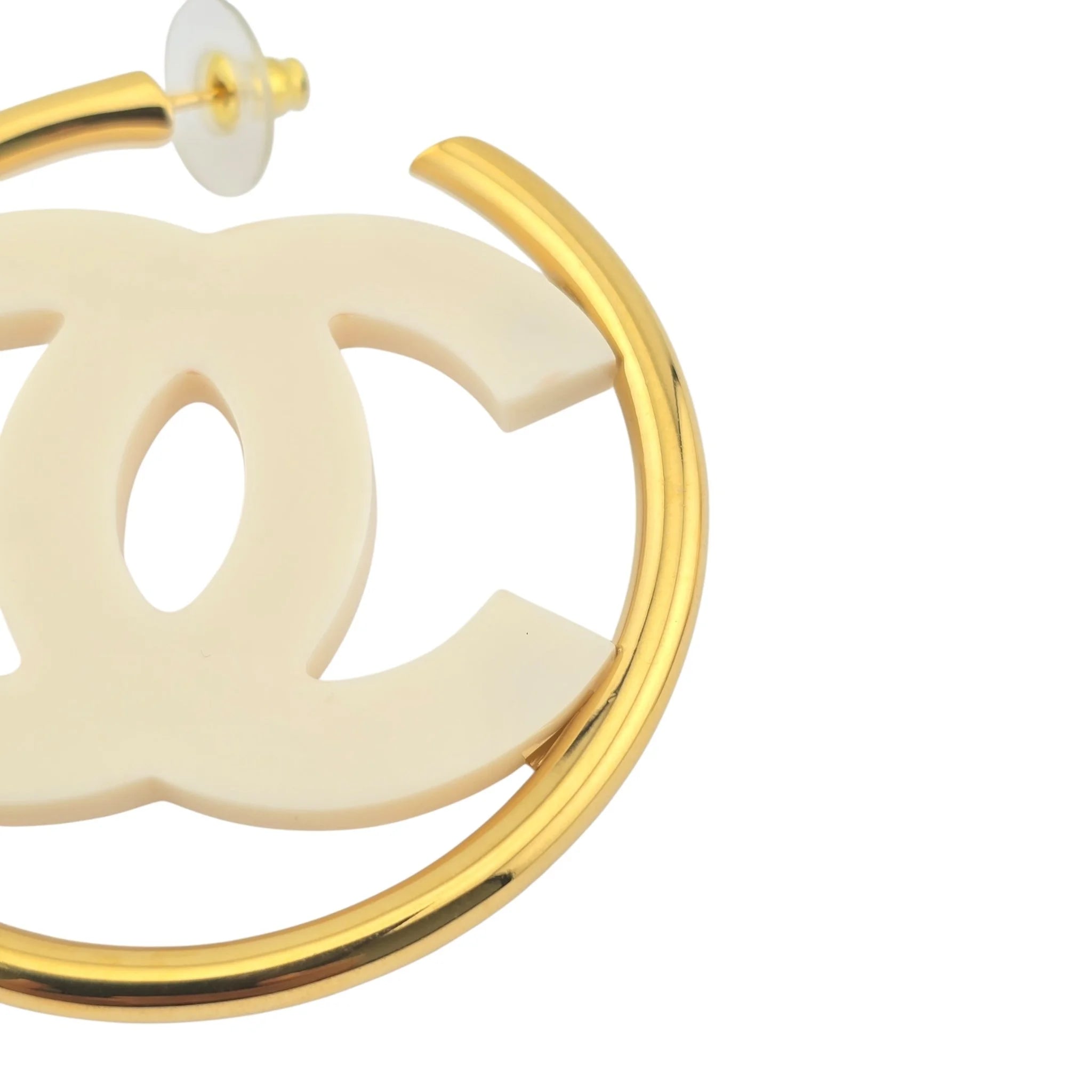 Chanel CC White/Gold Hoop Earrings B24 CHANEL