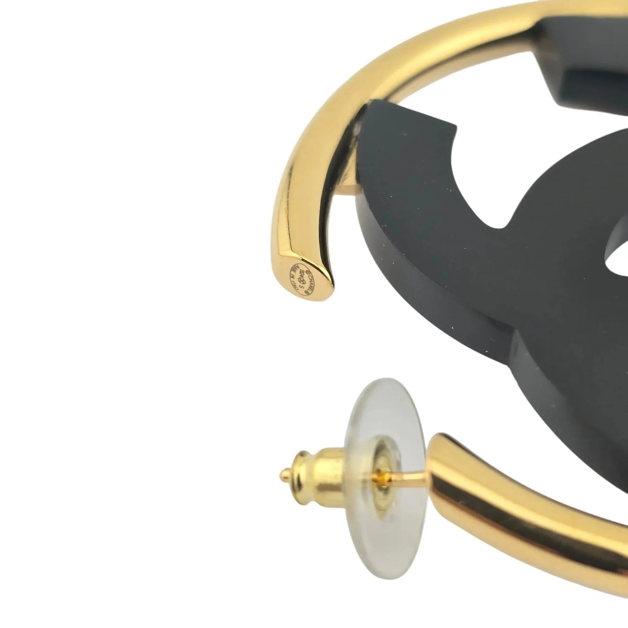 Chanel CC Black/Gold Hoop Earrings B24 CHANEL